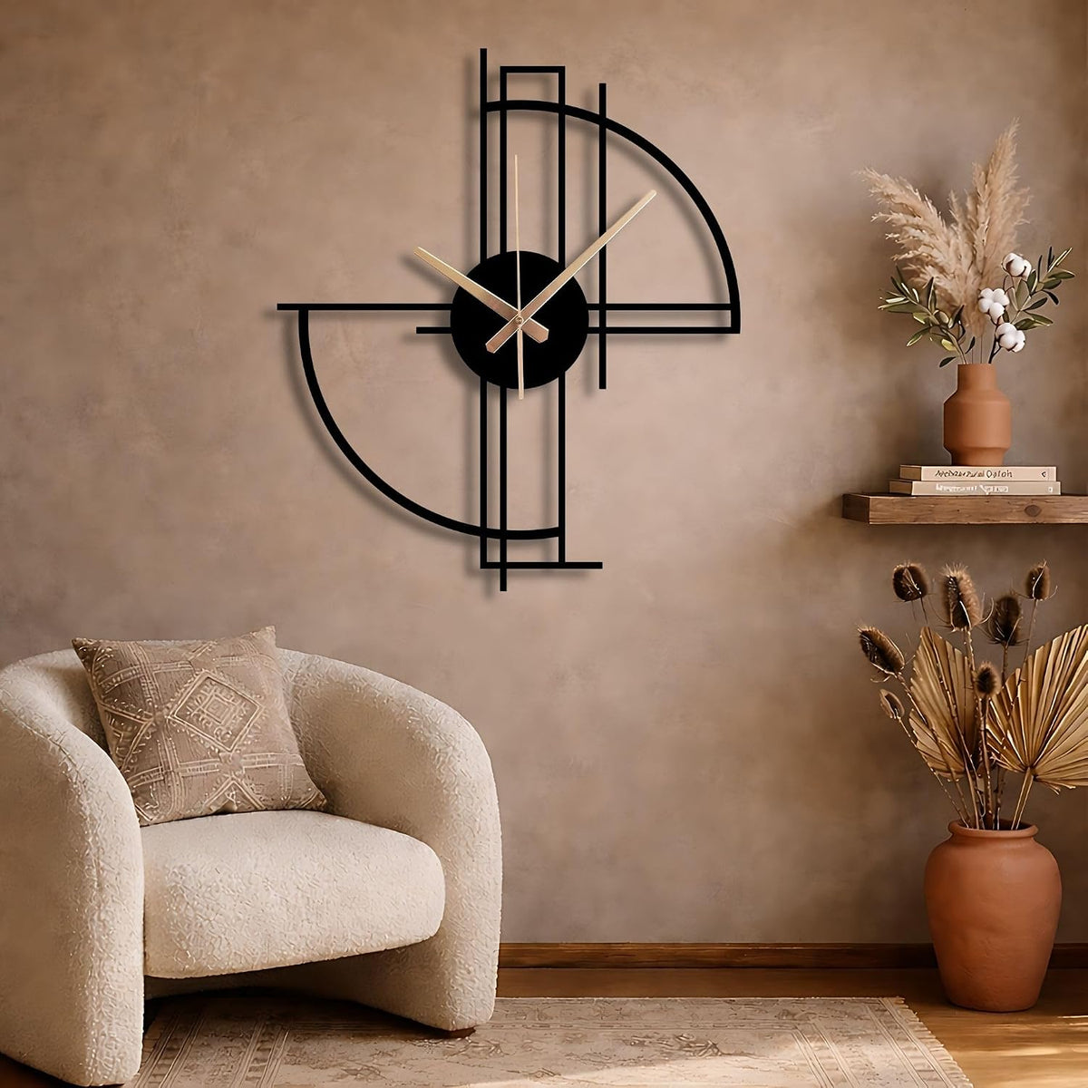 Modern Geometric Metal Wall Clock, Minimalist Black Steel Design, Silent Non-Ticking Mechanism, Unique Contemporary