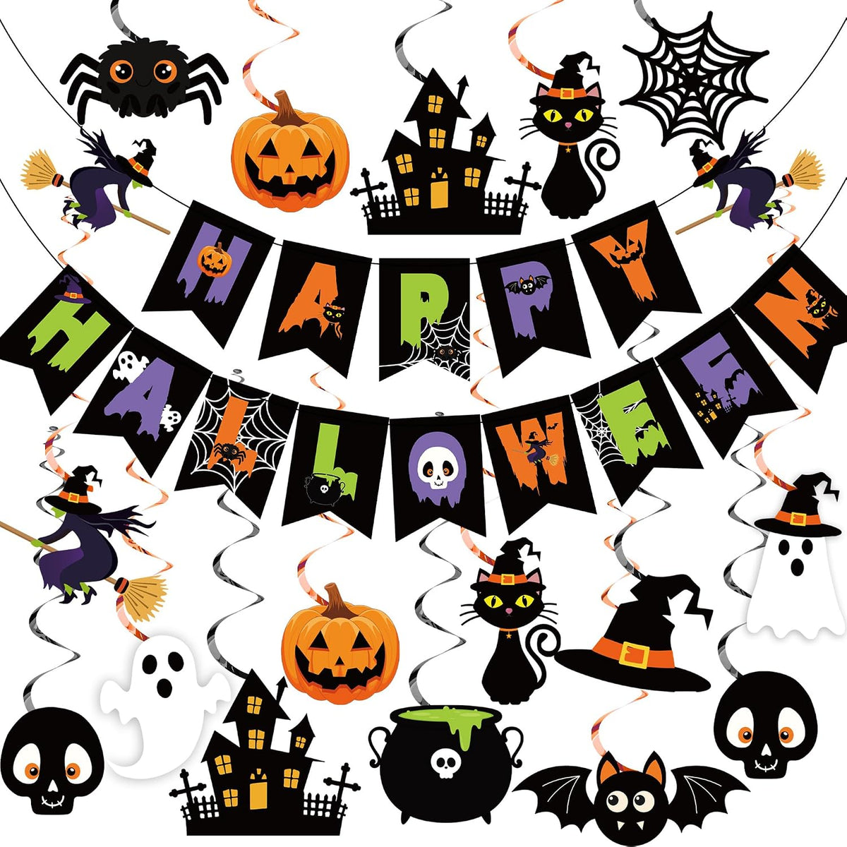 Halloween Party Decorations Happy Halloween Banner Ghost Pumpkin Witches Hanging Swirls Spooky Ceiling Hanging Streamers for Home Indoor Outdoor Halloweens Theme Party Decorations