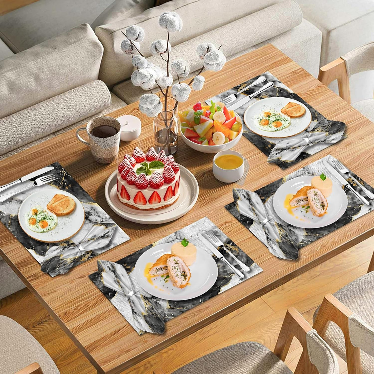 Mcalk 4 Each Black Marble Placemats and Cloth Napkins Set of 8, Modern Art Placemat, Marble Print Cloth Napkin for Home