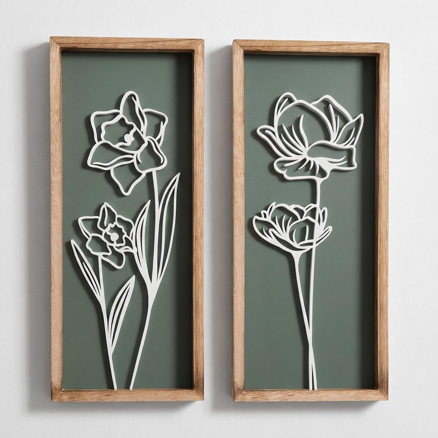 Tide and Tales Floral 3D Green Wall Art, Botanical Wall Decor, Set of 2