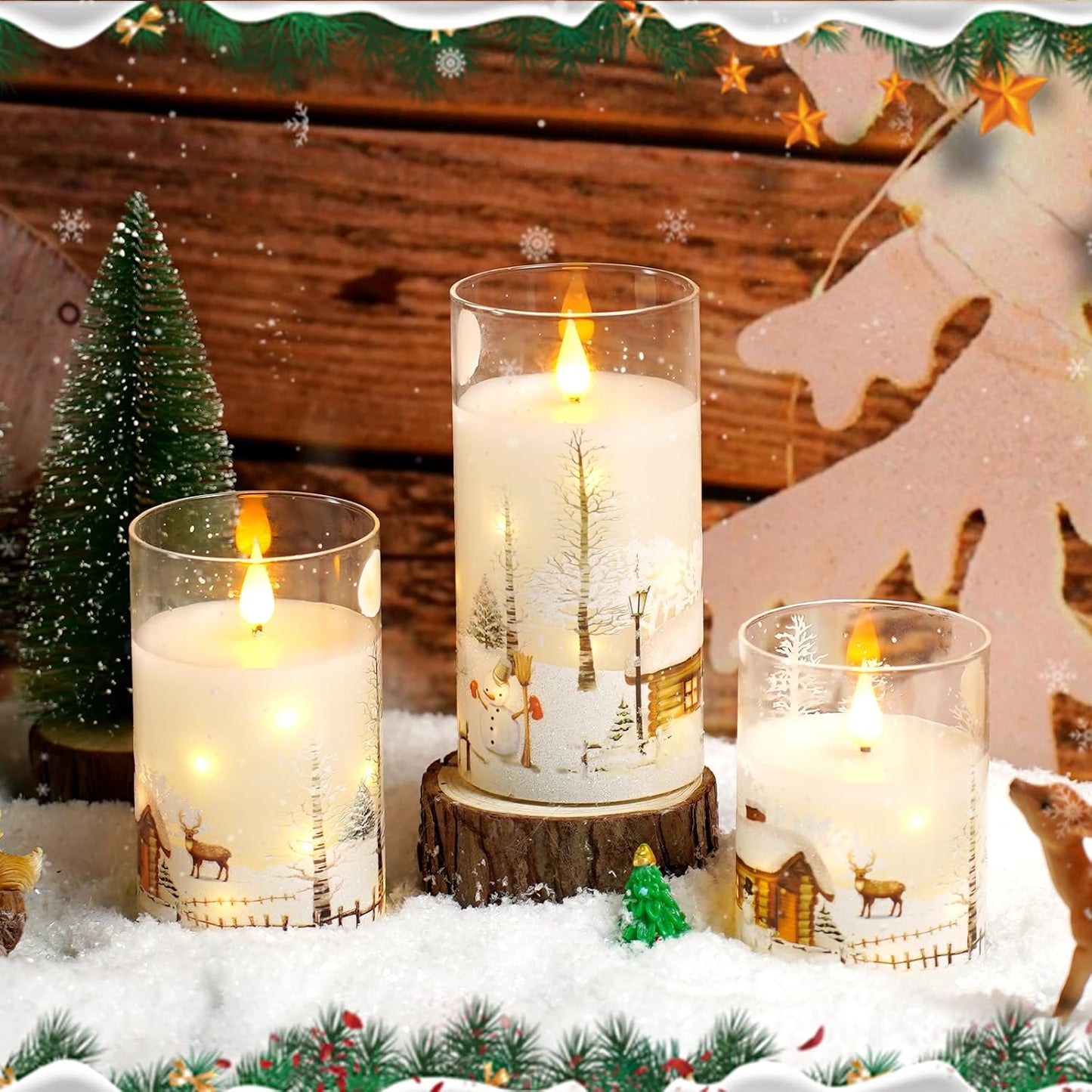 Christmas Flameless Candles with Remote - White LED Candles & String Lights, with Glass casing Battery Operated Set of