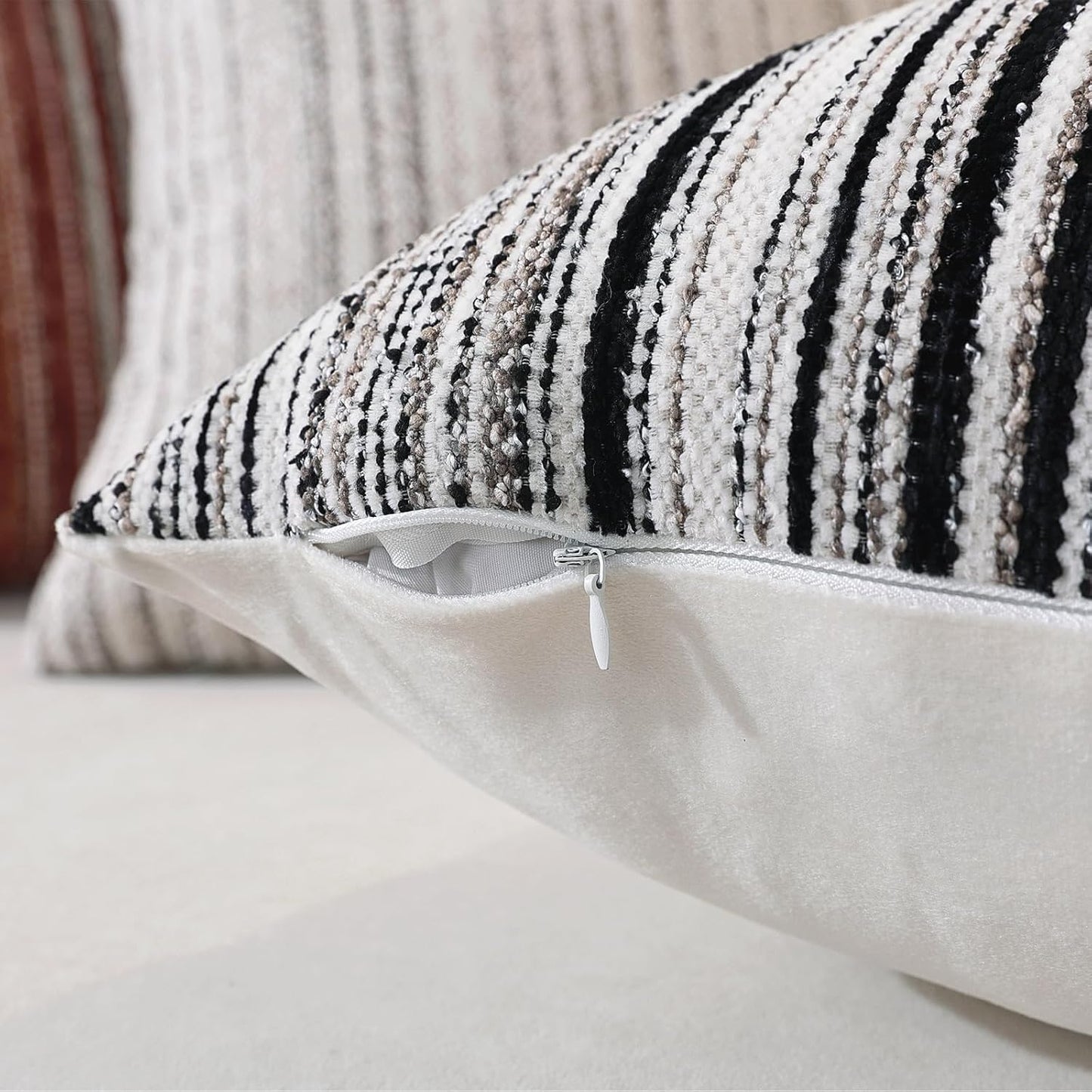 Chenille Throw Decorative Pillow Covers / Black Stripe / 18 x 18 / Set of 2