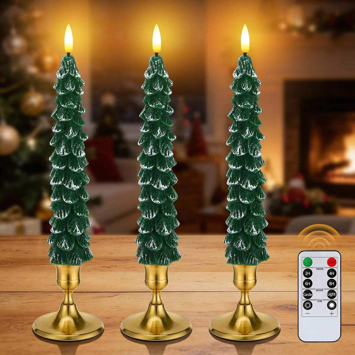 3 Pack Christmas Tree Candles with Remote- Real Wax Flameless Taper Candles, 9.7in Green Candlesticks Battery Operated for Home Table Metal Xmas Holiday Indoor Decorations Gifts