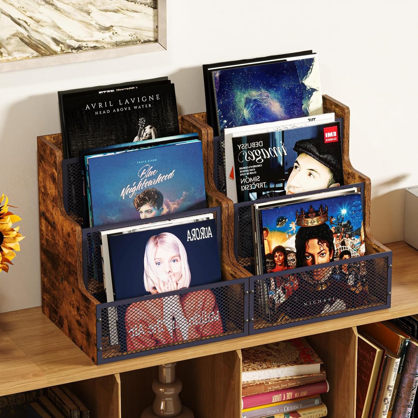 3-Tier Vinyl Record Storage Crate, Holds 60+ LP Albums, Retro Wood & Metal | Stepped Vinyl Record Holder, Desktop Album