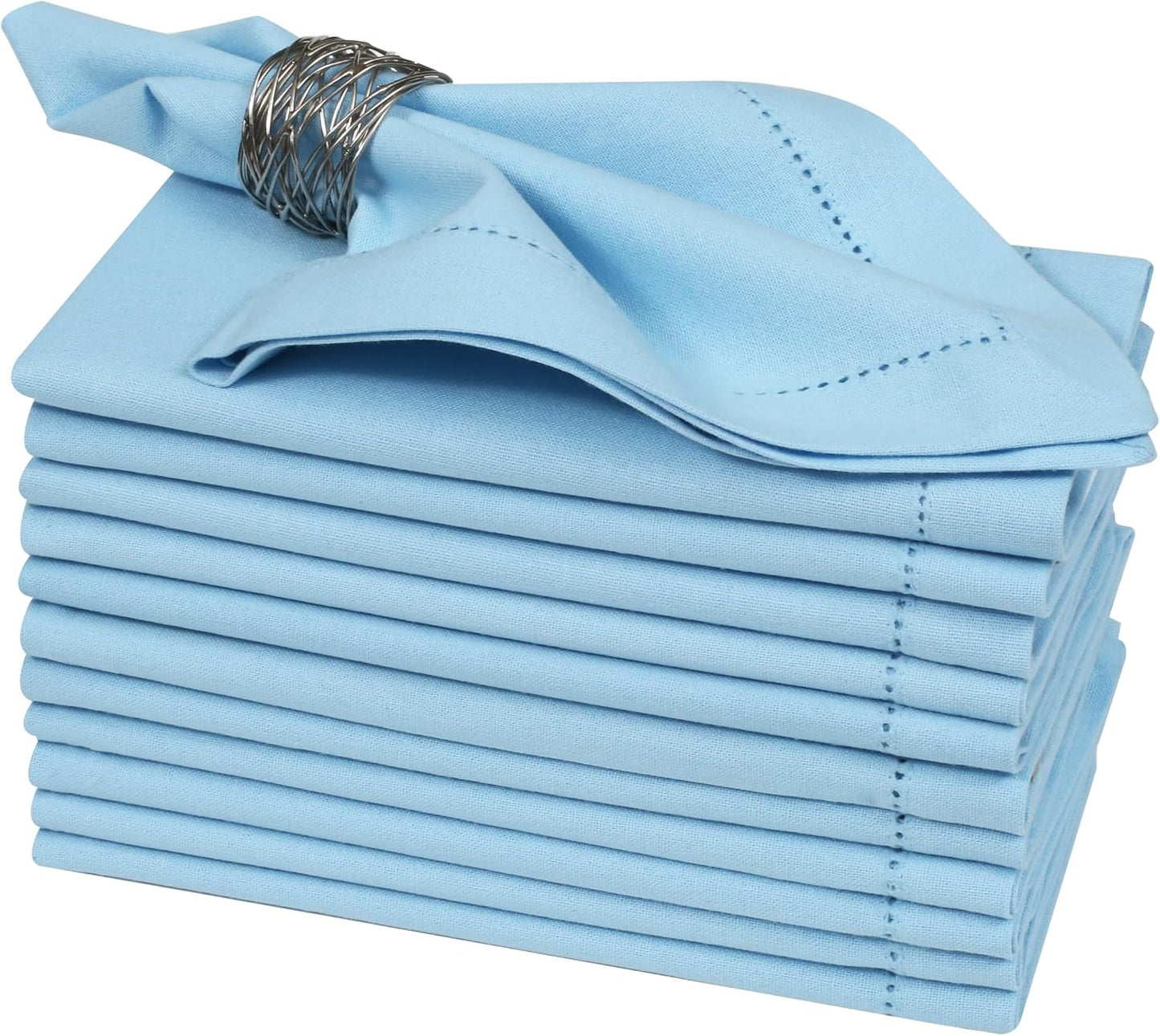 Bedding Craft Cloth Dinner Napkins Set of 12 – 18x18 Airy Blue Linen-Look Hemstitched – Soft Machine Washable Reusable