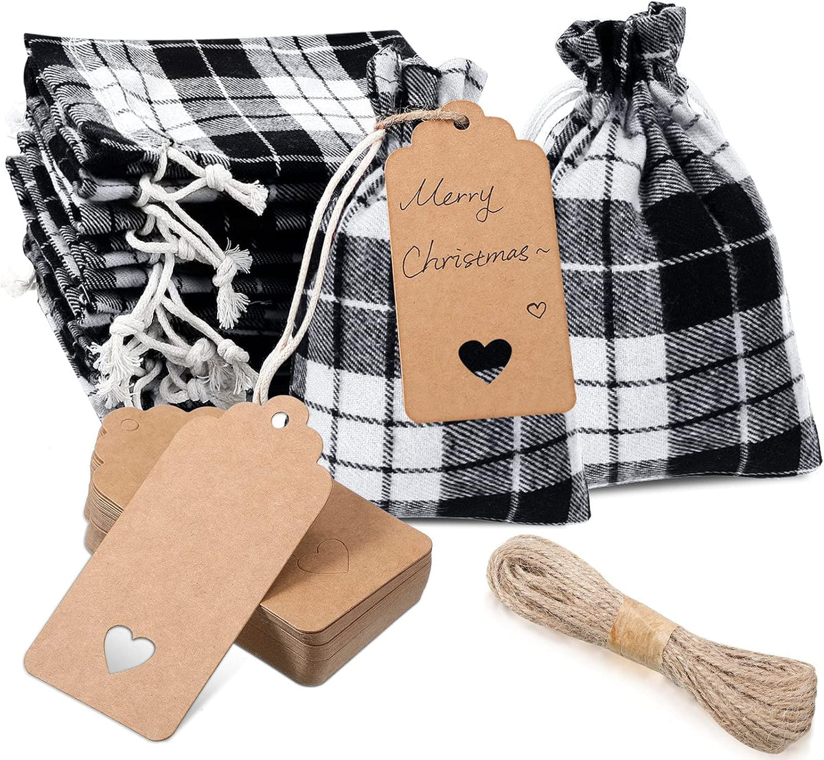 Shappy 24 Pcs Christmas Drawstring Gift Bags Xmas Buffalo Plaid Burlap Advent Bags 5.5 x 4 Inches Linen Treat Candy Bag with 32.8 ft Rope 24 Card(Black White)