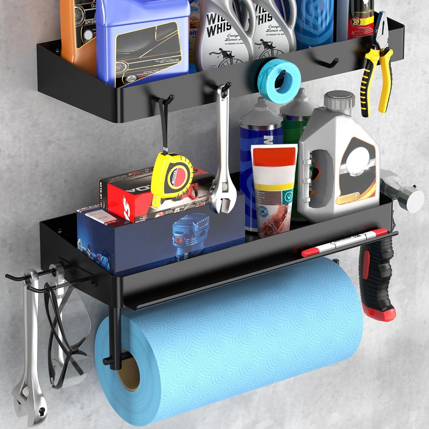 ZUNTO Pack of 2 Black Paper Towel Holder and Organizer Shelf for Garage, Wall Mounted Paper Roll Holder with Shelf and