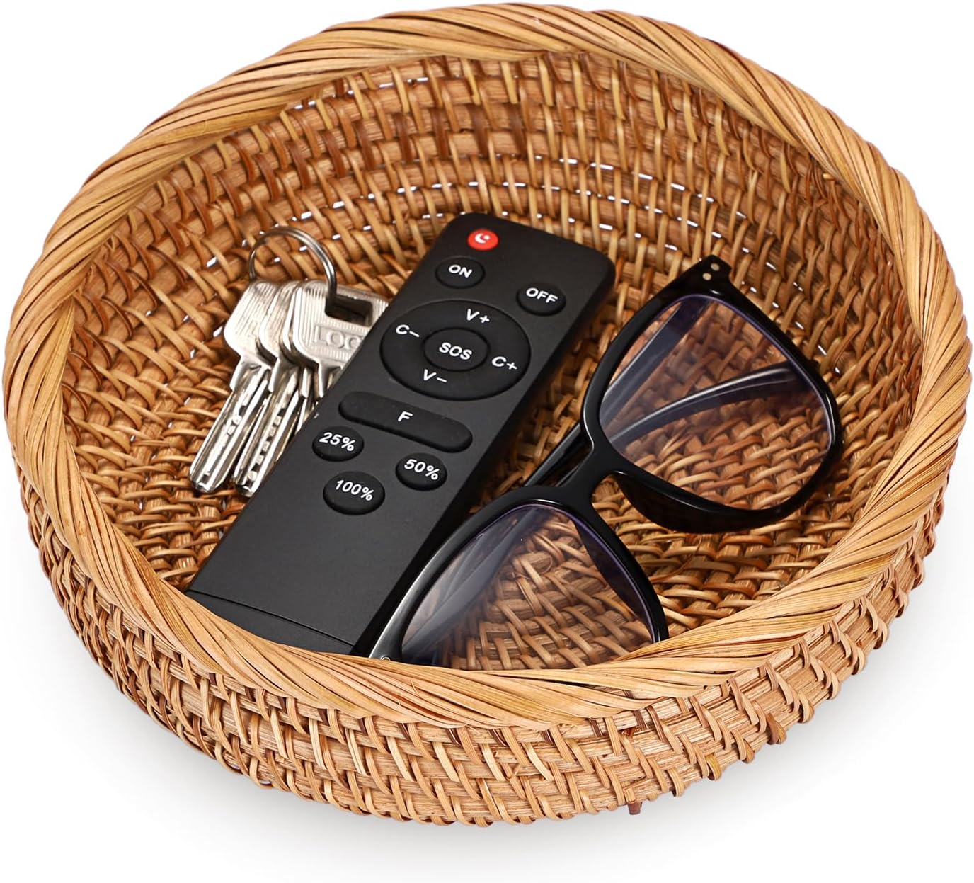 Small Keys Basket for Entryway Table 7.9" Rattan Key Bowl / 7.9" L x 7.9" W x 2.6" H / Natural Color