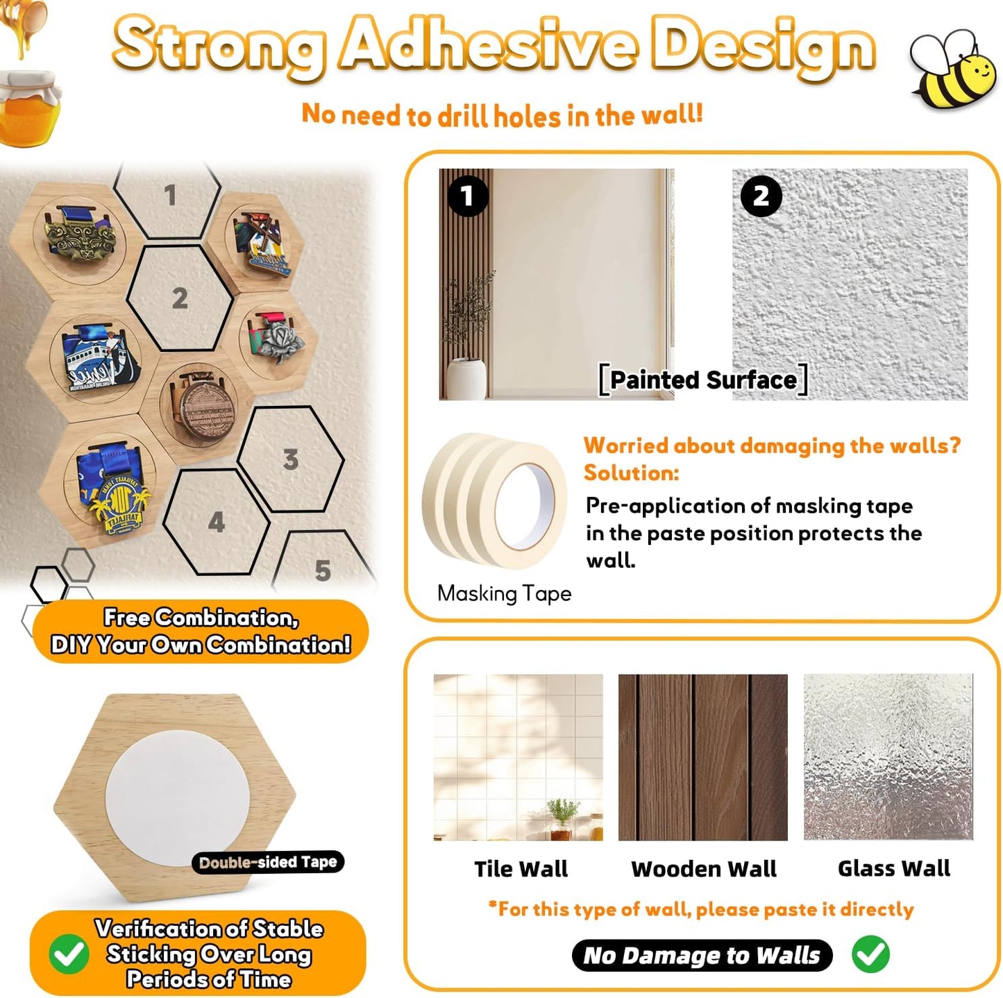 Fashion Medal Holders Display Stand Wall Rack | Honeycomb Wooden Medal Stand, Hexagon Free Stand, For Basketball