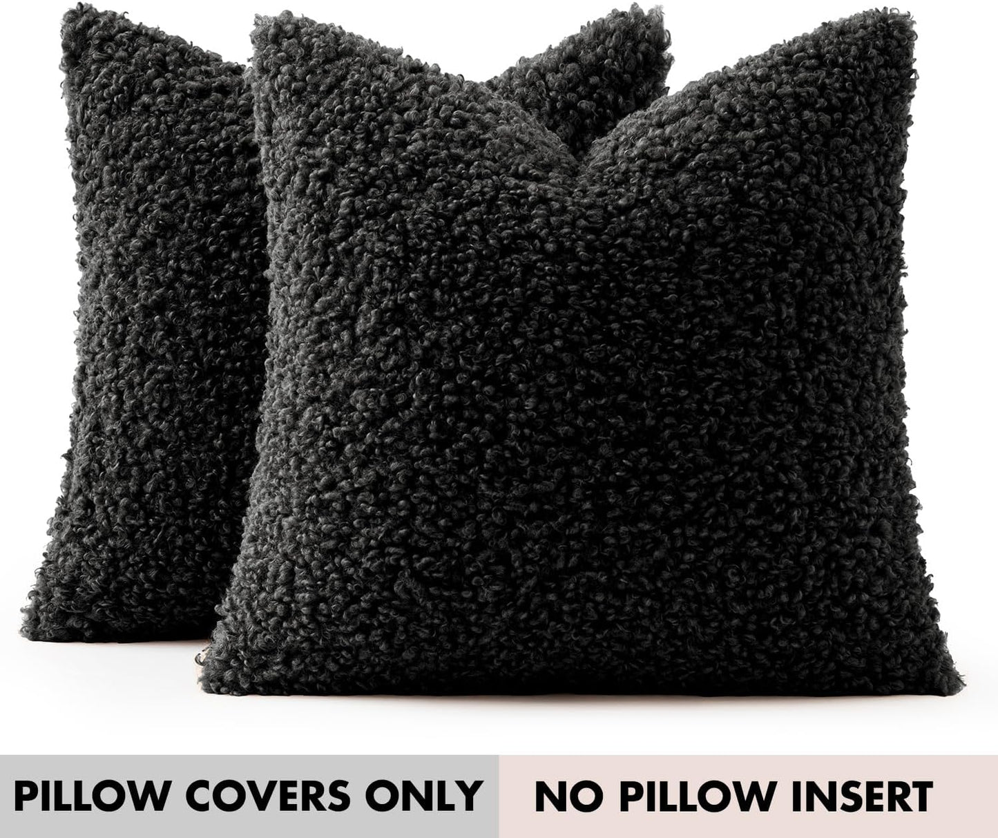 Faux Fur Throw Pillow Covers Boucle Neutral Decorative Sherpa Fuzzy / 18 x 18 / Black / Set of 2