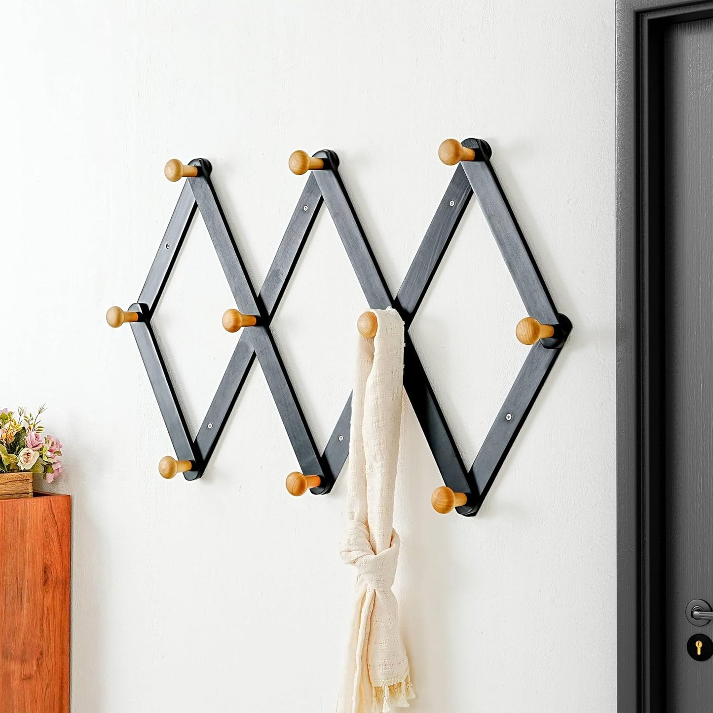 Expandable Coat Rack (Larger Version) - 24” High, Anti-Slip, Ultra Heavy Duty Wooden Accordian Wall Hanger with 10