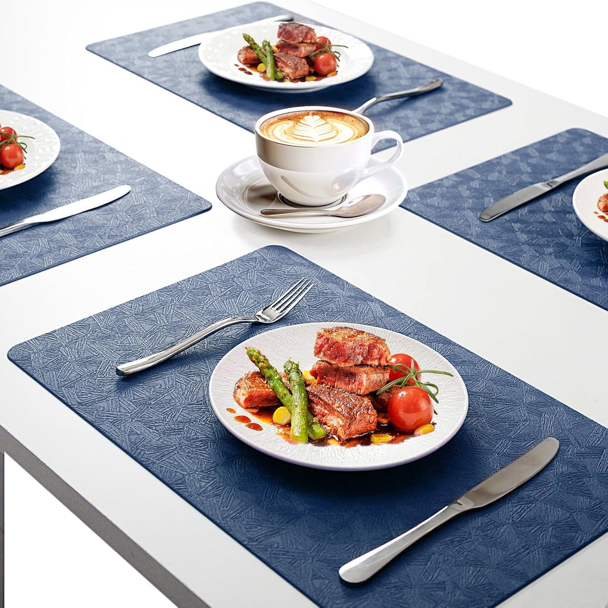 Blue Plastic Placemats Set of 12, Faux Leather Waterproof Table Mats | Blue Vinyl place mats,Wipeable and heat