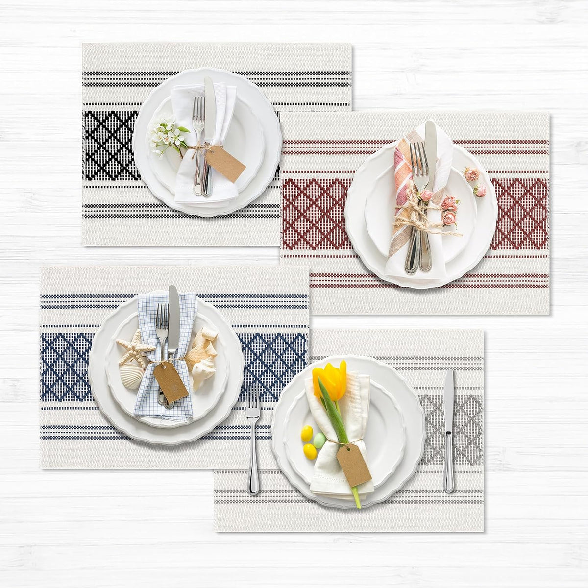 ADRIMER Placemats Set of 8, Boho Table Mats Cotton Blend, Durable Cloth Table Placemats Machine Washable, Rustic Place