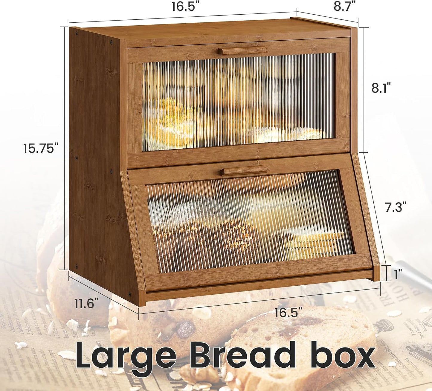 GHWIE Double Layer Bamboo Bread Box for Kitchen Counter,Large Capacity Bread Storage Bin,Bread Container with Acrylic