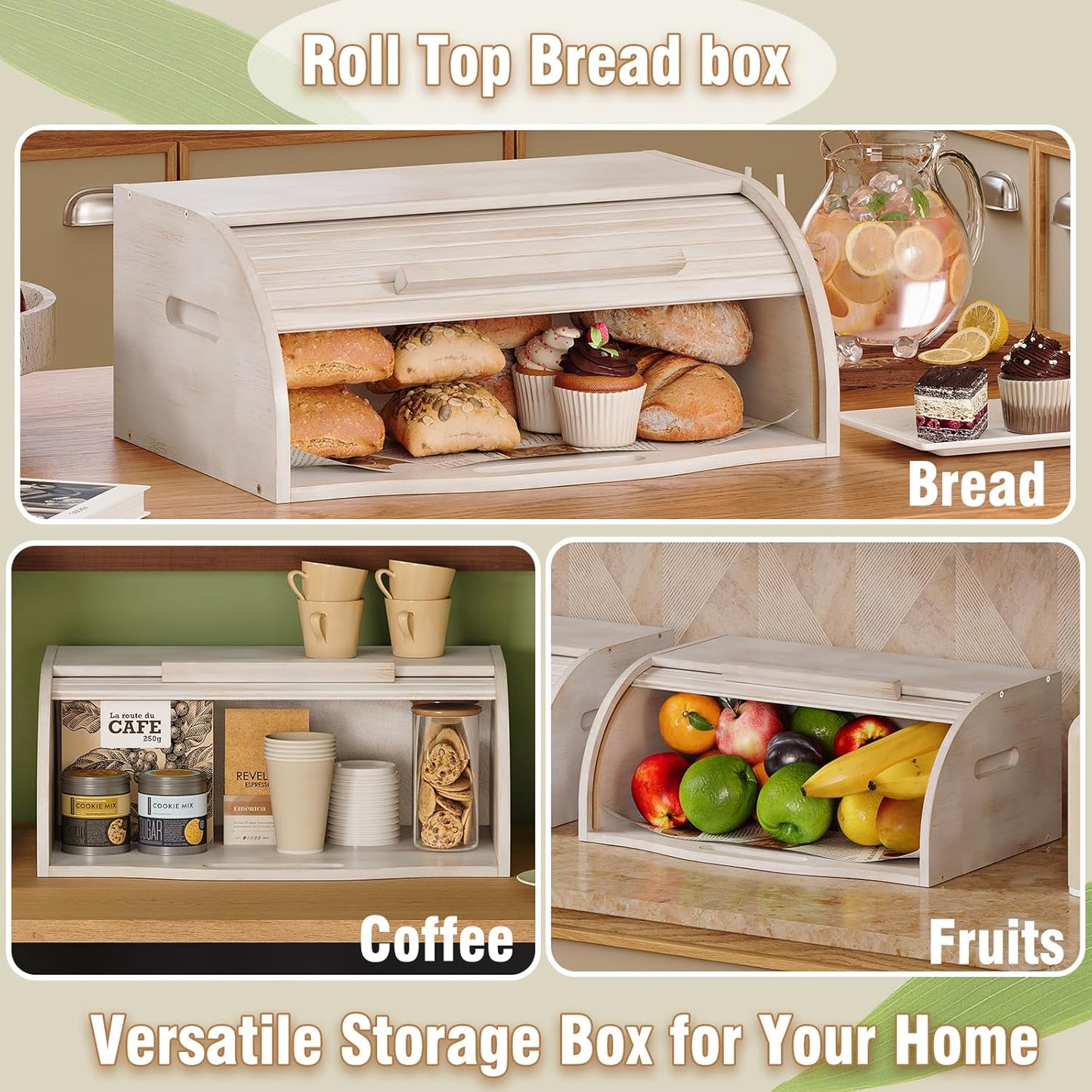 Trironsun Bamboo Roll Top Bread Box for Kitchen Countertop Large Capacity Bread Storage Bin Wooden Bread Storage