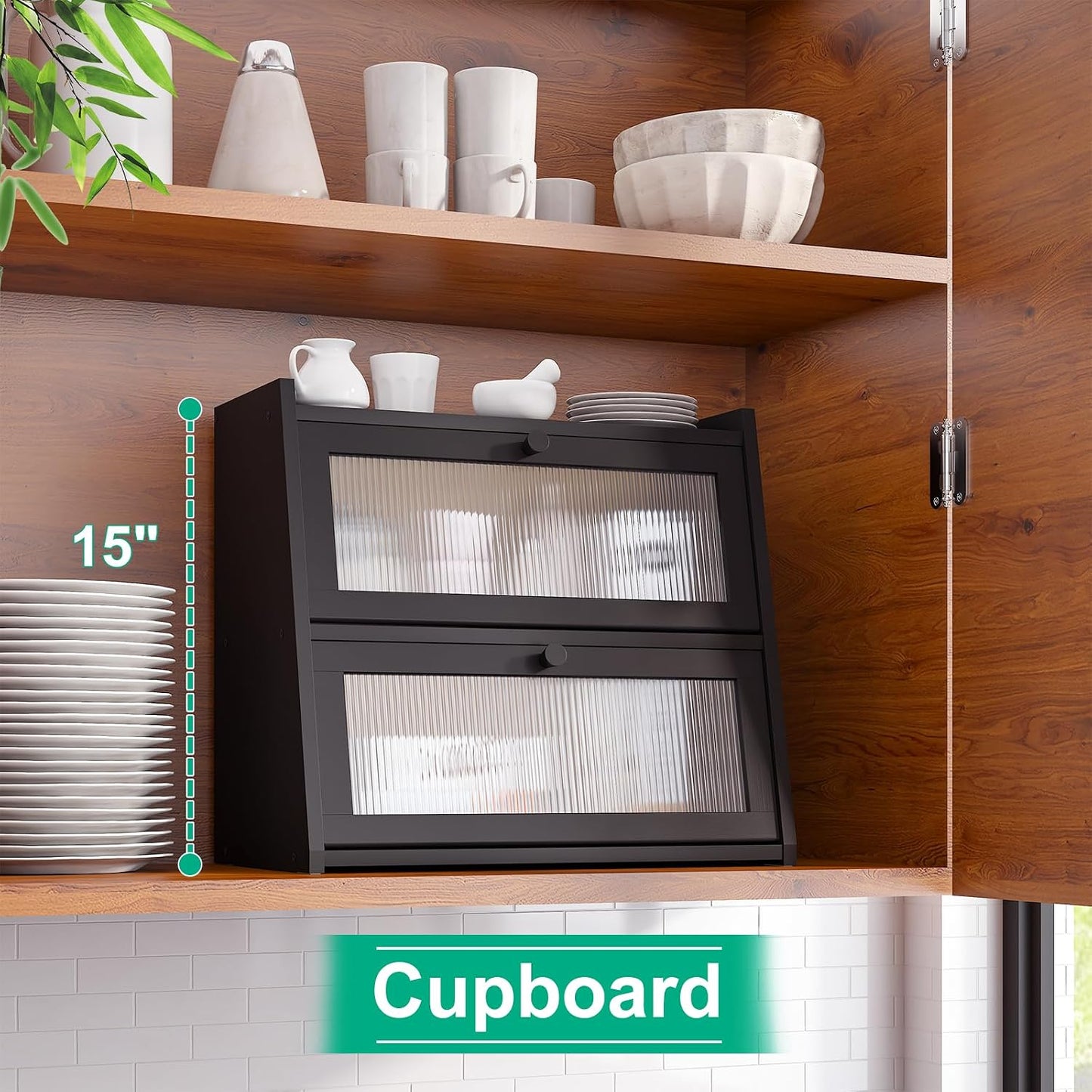 kiplant Large Black Bread Box, Double-Layer Bread Box for Kitchen Counter, Bamboo Bread Storage Container with Wavy