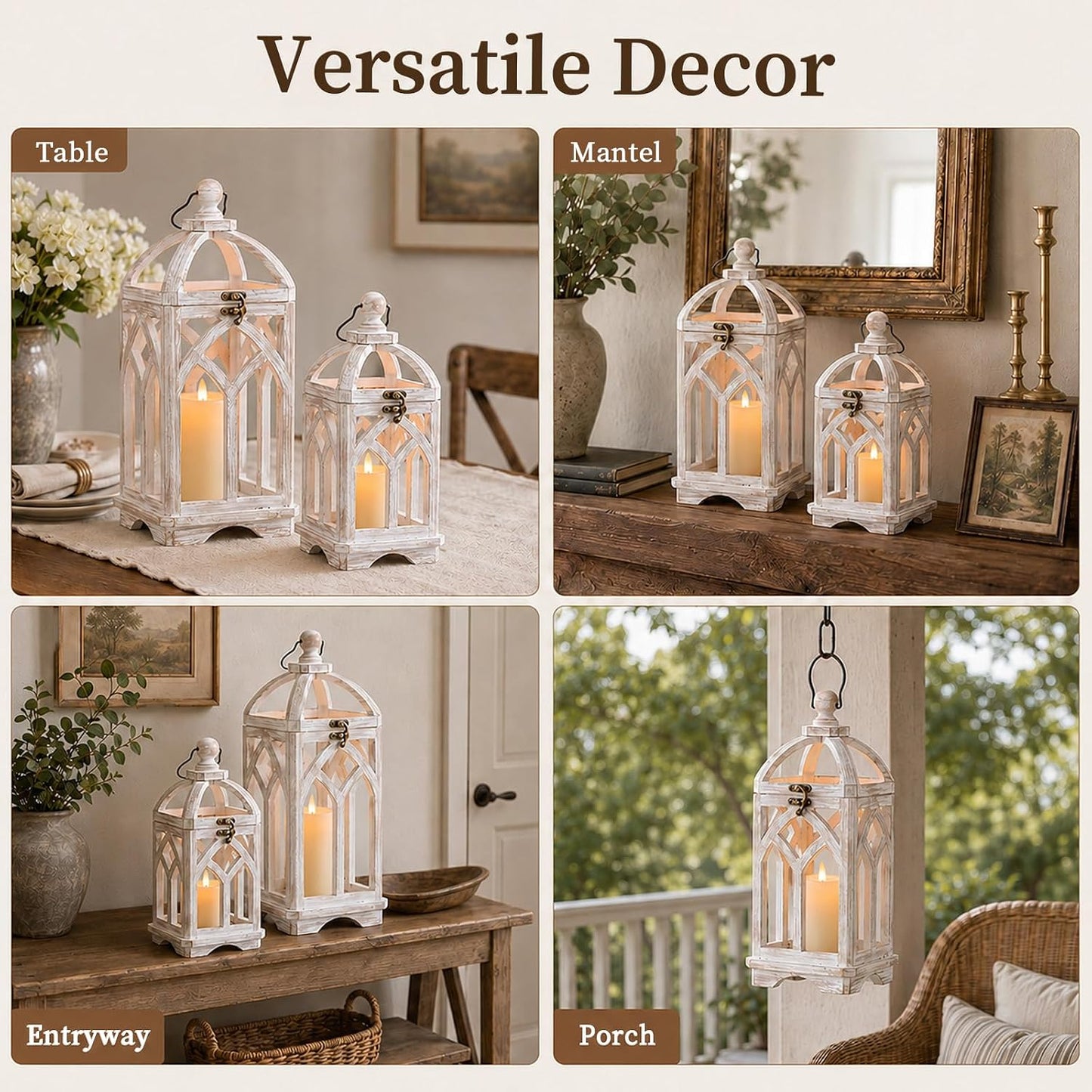 Farmhouse Lantern Decorative Indoor, White Wood Candle Holder | Wash White Hanging Lanterns, 15" & 11" Set of 2, Fall