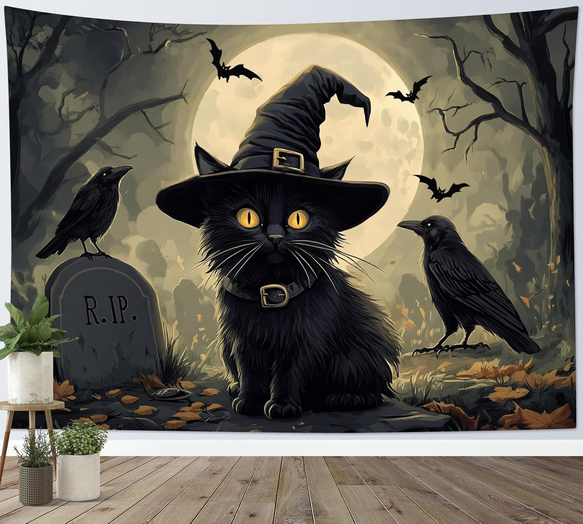 LB Halloween Black Cat Tapestry, Night Forest Full Moon and Black Crow Scary Halloween Wall Tapestry for Bedroom, Spooky Gothic Wall Art for Living Room Dorm Home Decor Ready to Hanging, 92.5 x 70.9 Inches