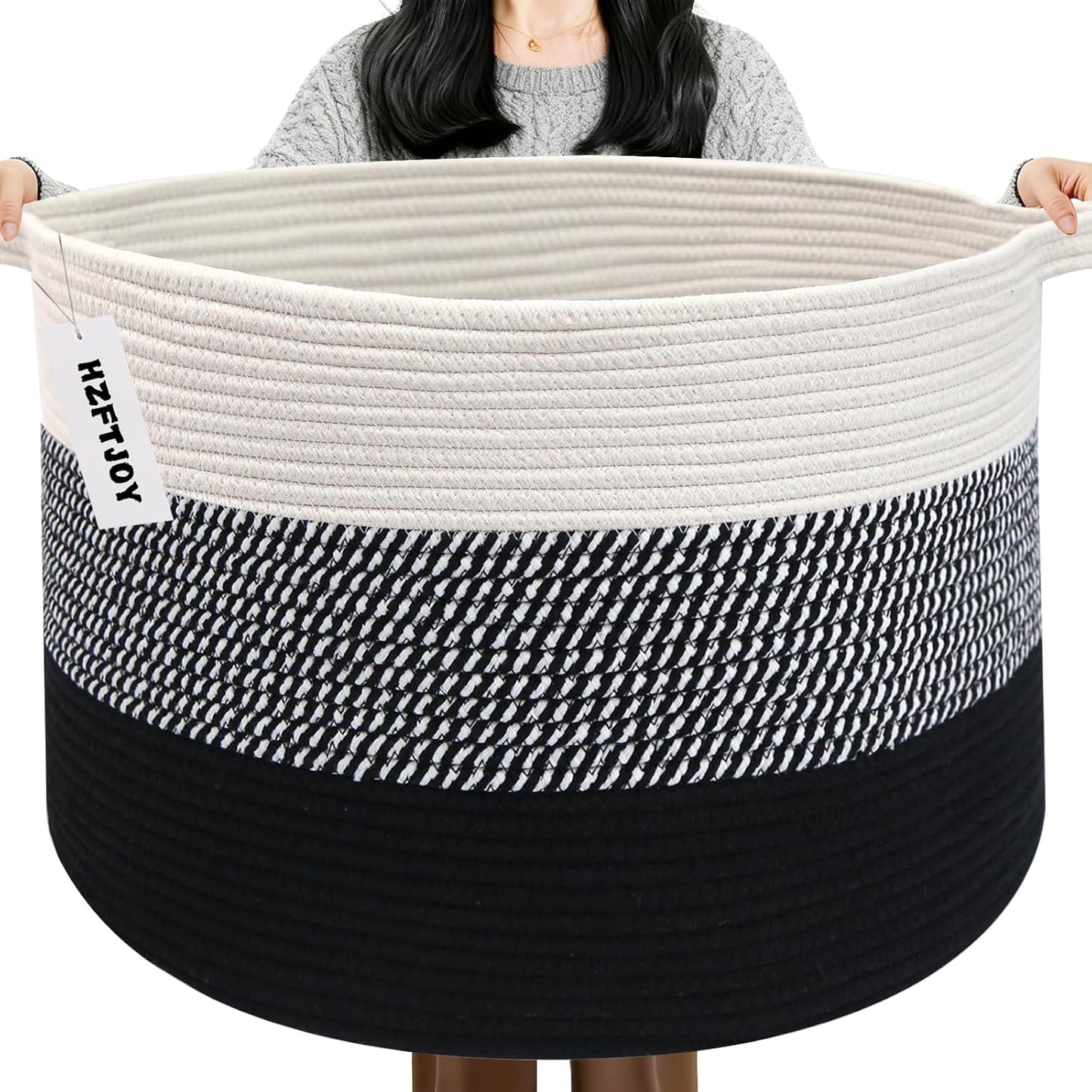 90L Extra Large Blanket Basket,Woven Laundry Basket-Mixed Black