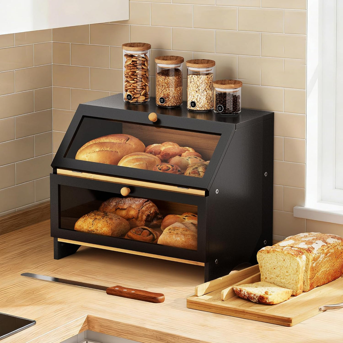 MAISONPEX Double Layer Bamboo Bread Box for Kitchen Countertop, Large Capacity, Cutting Board, Stainless Steel Bread