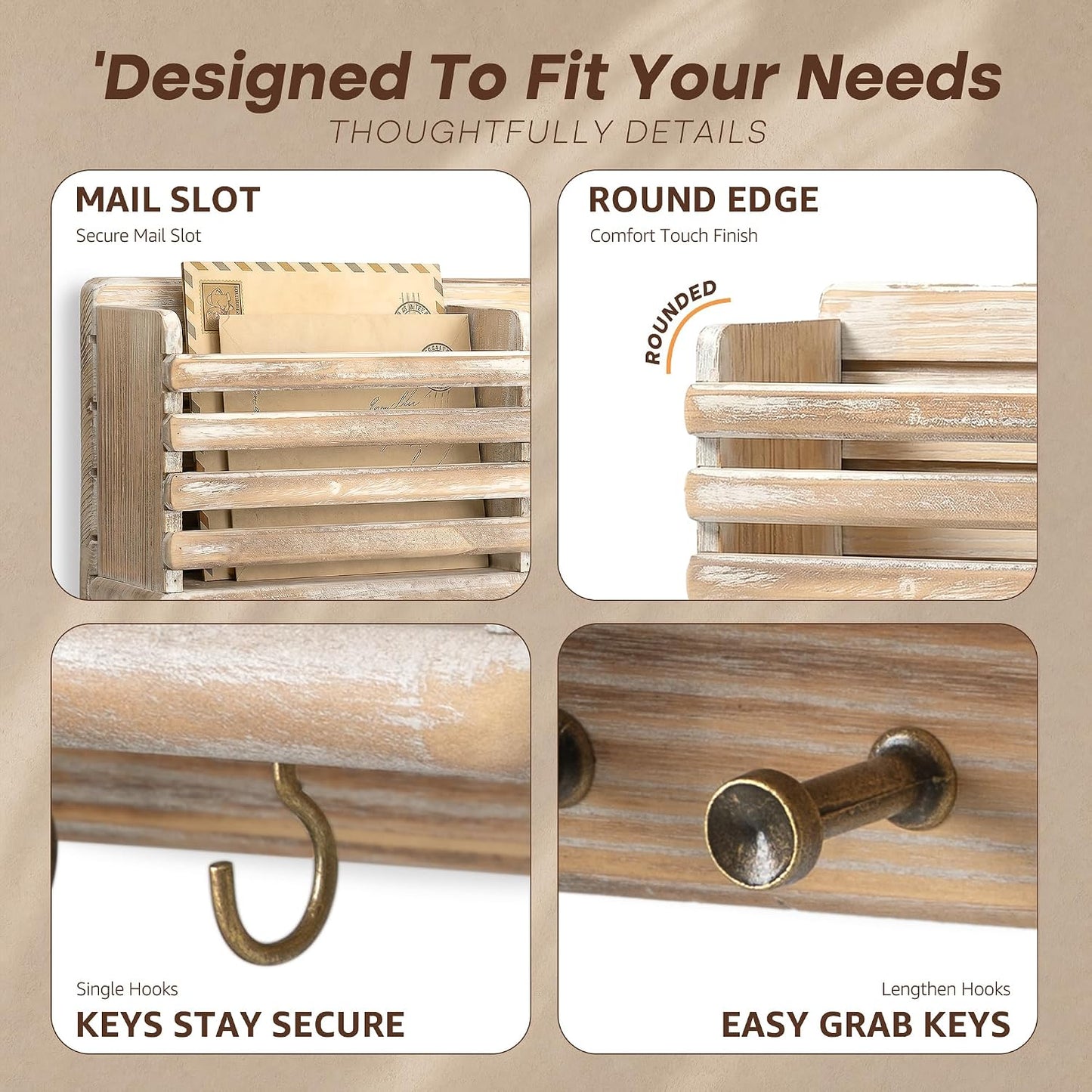 Pine Wood Key Holder Wall Mount / Natural Wood