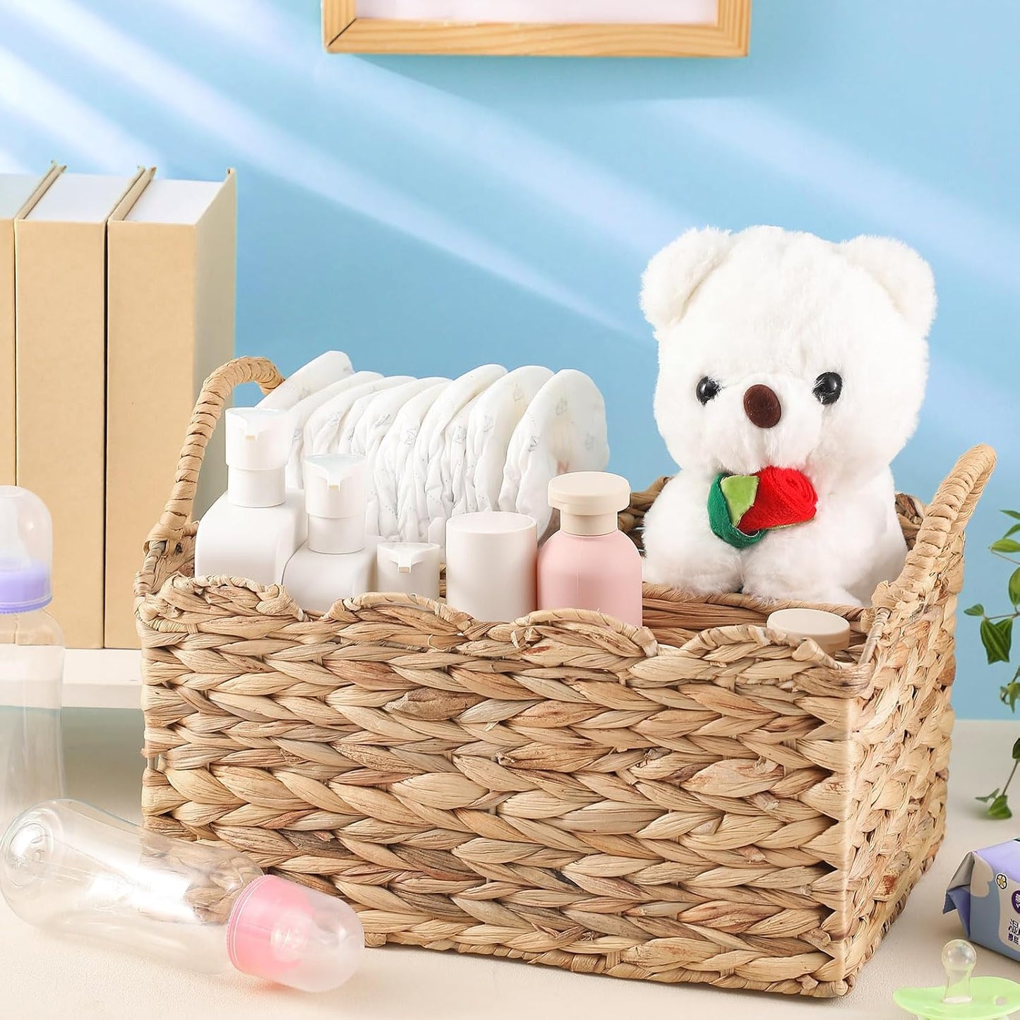 Wicker Diaper Caddy Organizer Scalloped Edge Rattan Basket / Natural / 9.5 x 13.5 x 7