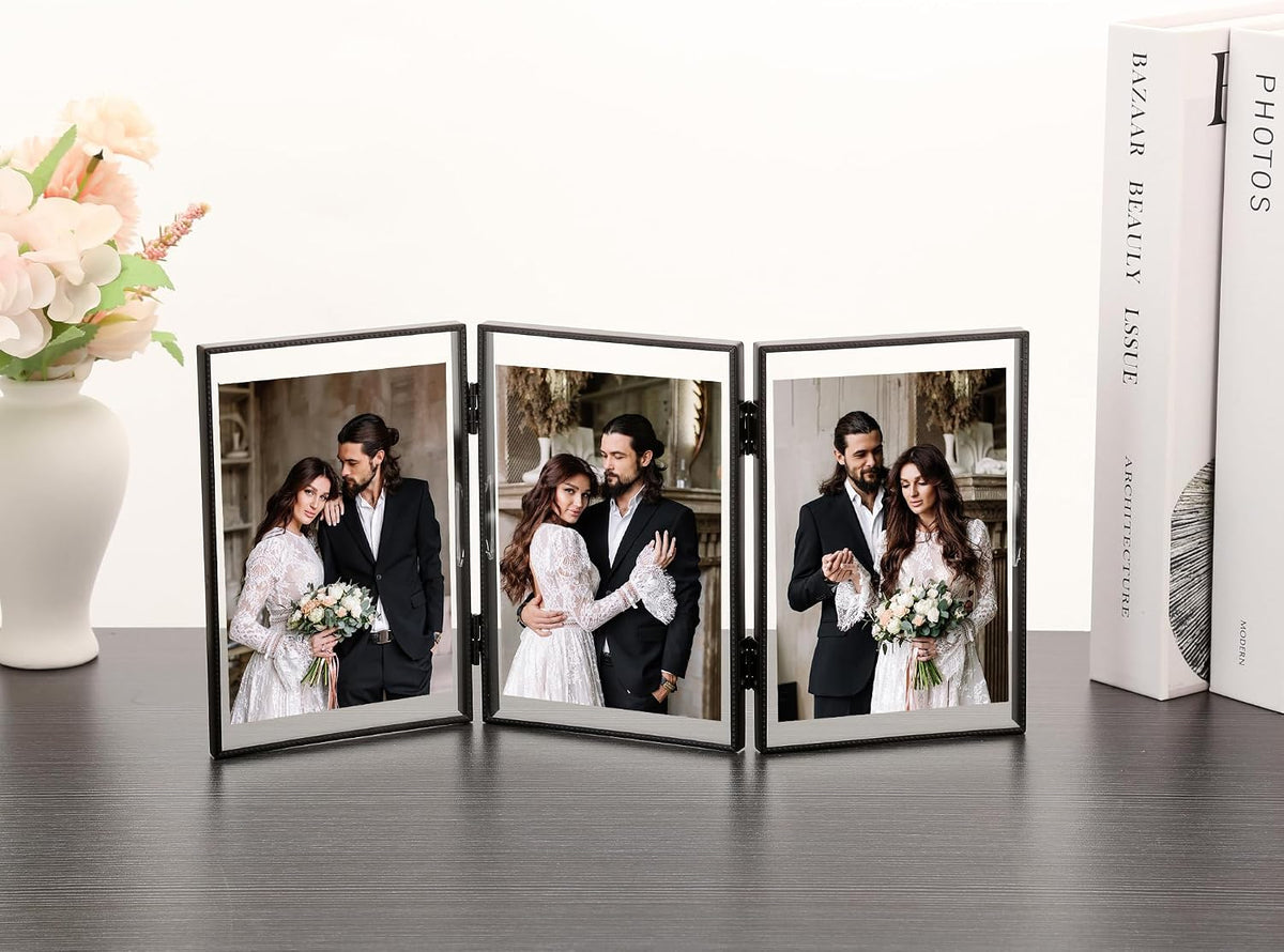 5x7 Triple Floating Frame,Metal Beaded Edge,Black | Tempered glass, adjustable tabletop/shelf photo frame, for photo