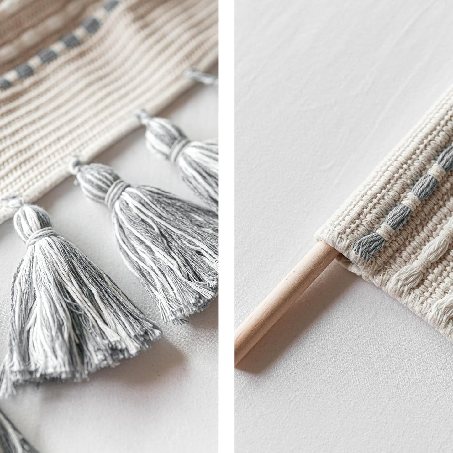 Long Vertical Wall Hanging Tapestry Woven Boho Farmhouse Decor Cream Tassel Handmade Wall Art / Gray