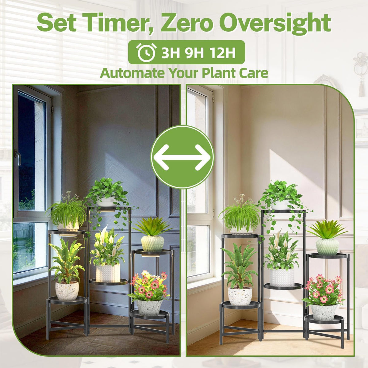 iDavosic.ly 6 Tier Large Plant Stand with Grow Light, 10 Inch Tray, Black | Tiered Metal Corner Heavy Duty Multiple