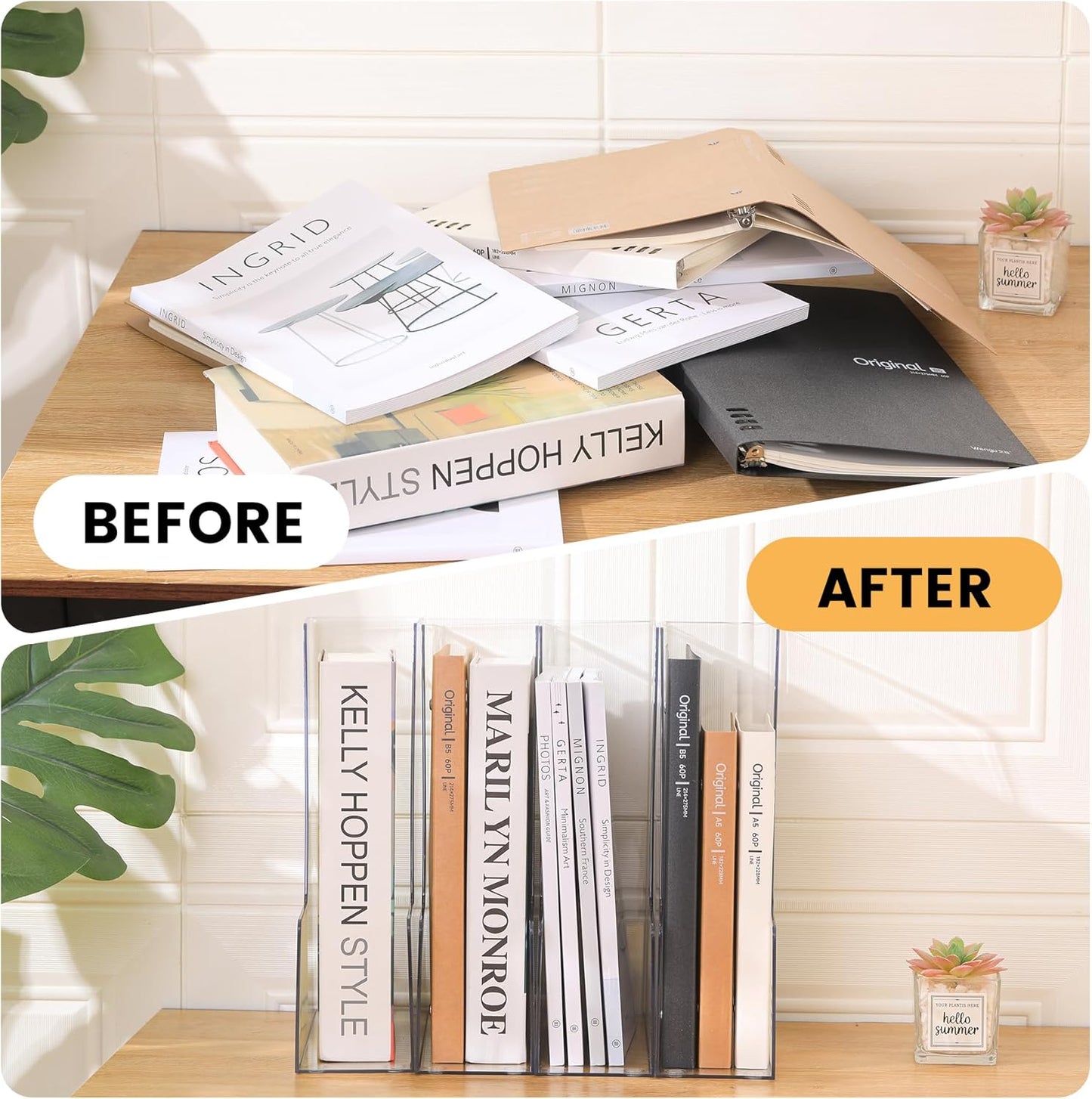 CiWiVOKi Vertical File Holder, PET Desk Organizer, Multi-purpose Plastic Document Storage Bins for Magazines, Binders