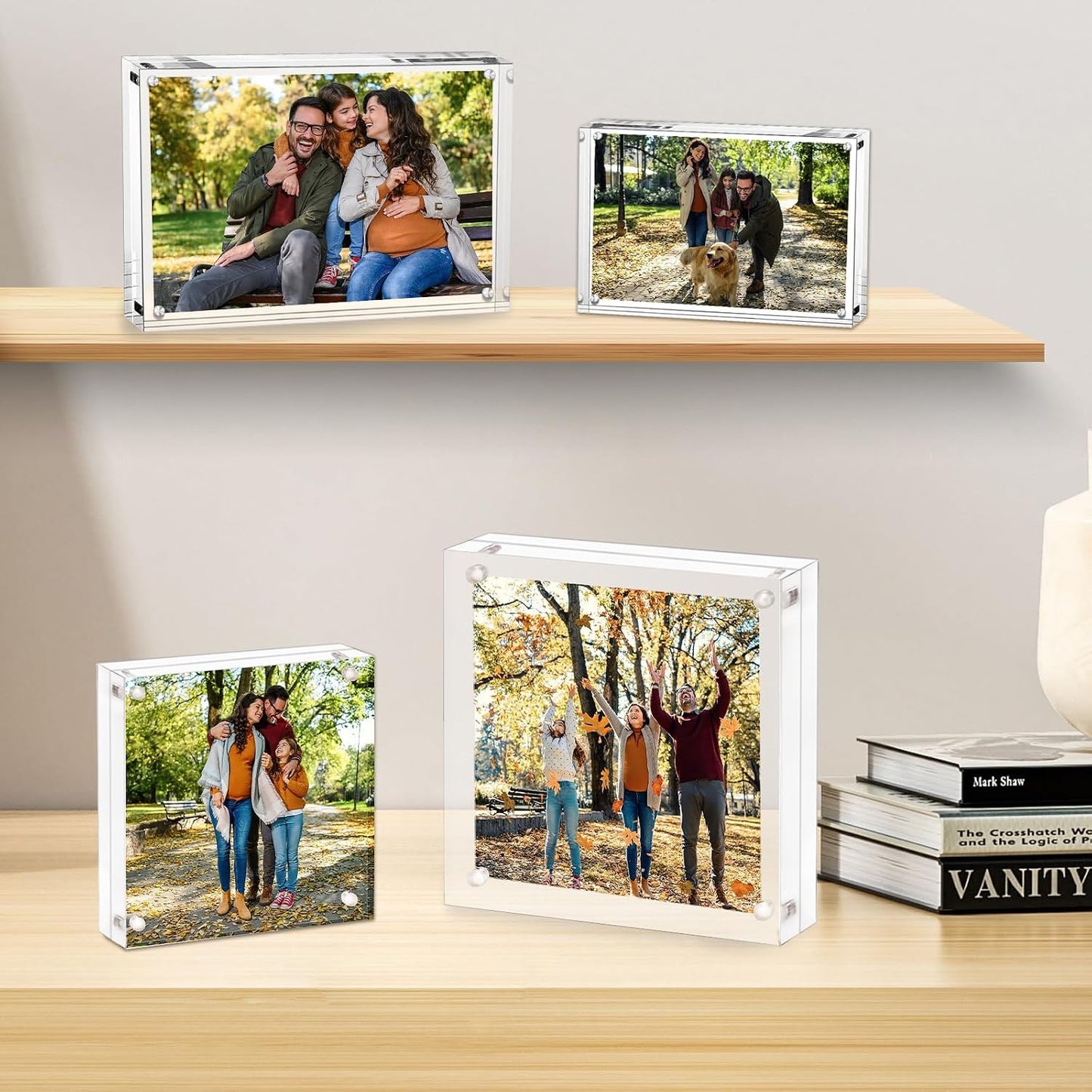 AMEITECH Acrylic Picture Frame 6x6-5 Pack, Clear Double Sided Frameless Photo Frame with Magnetic, Free Standing