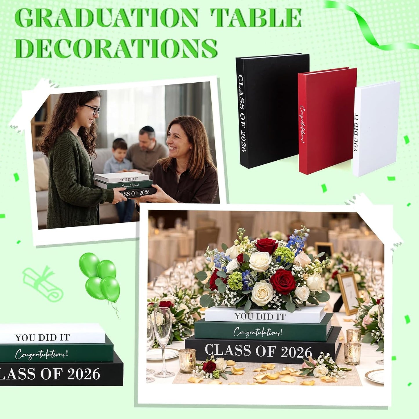 Graduation Book Centerpiece Congratulate Grad Decoration / Black, White, and Green / Set of 3