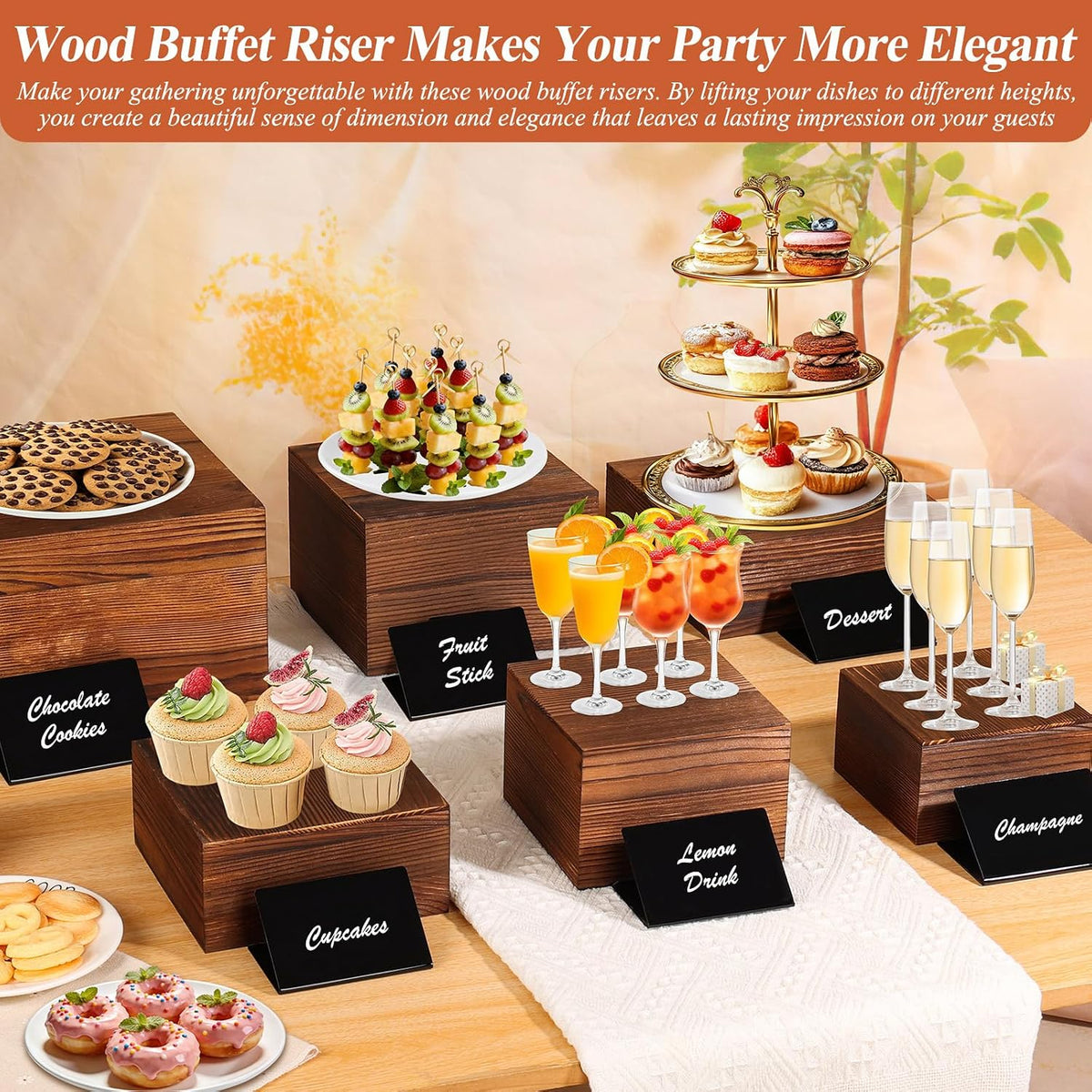 Qinzave 7 Pack Wooden Risers Display Stands with Acrylic Maker Pen and Mini Sign, Food Risers for Buffet Table Shelf