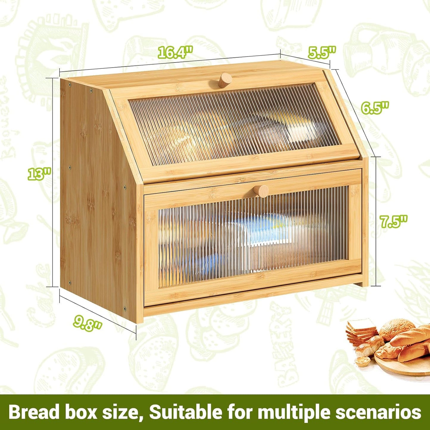 BMOSU Large Bread Box for Kitchen Countertop,Double Layer Bread Box for Kitchen Counter,Bamboo Wood Bread box Capacity