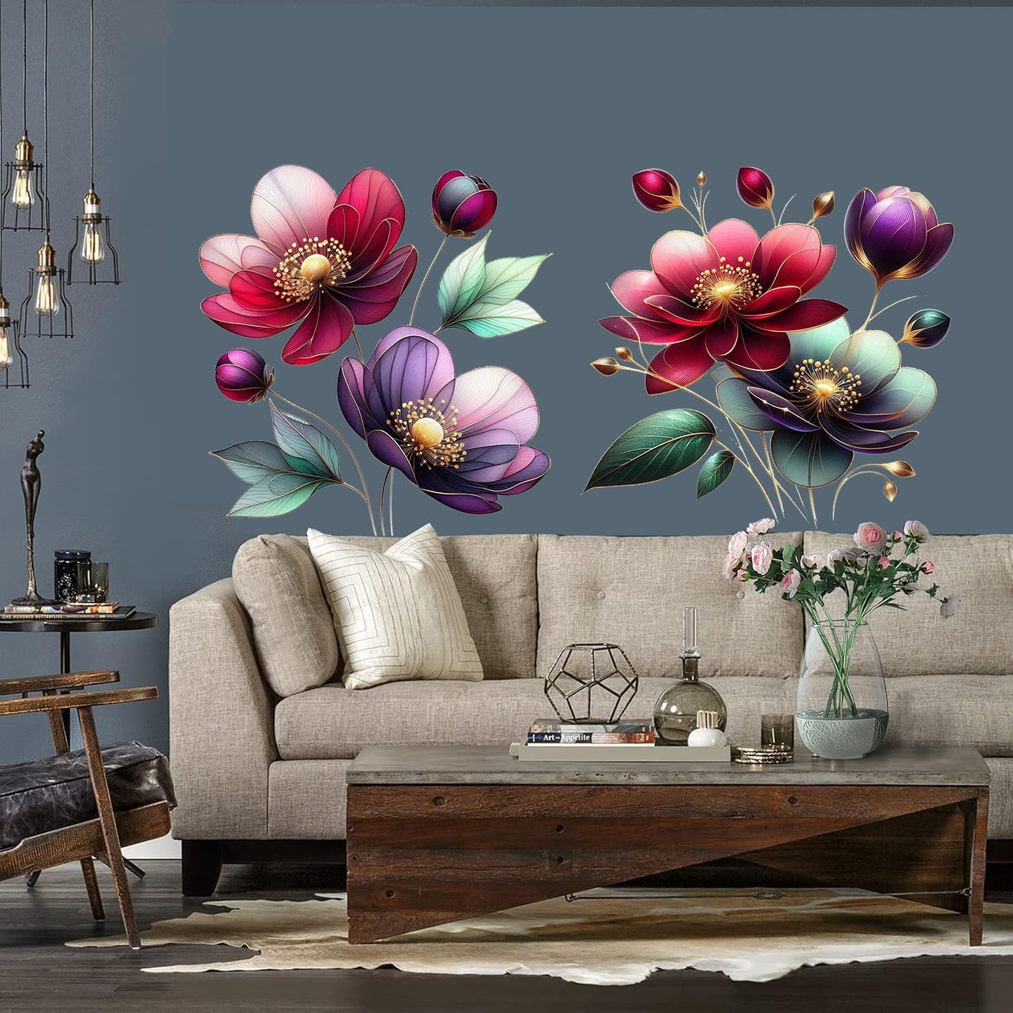 Boho Flower Wall Stickers Wildflower Floral Grass Peel and Stick Wall Stickers Living Room / Red