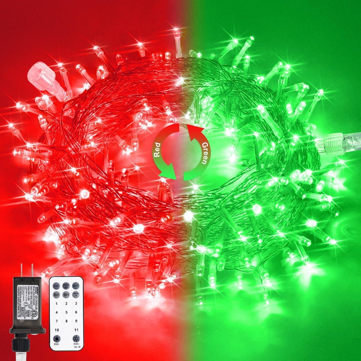 JMEXSUSS 100 LED Red & Green Christmas Lights Plug in, Halloween Lights