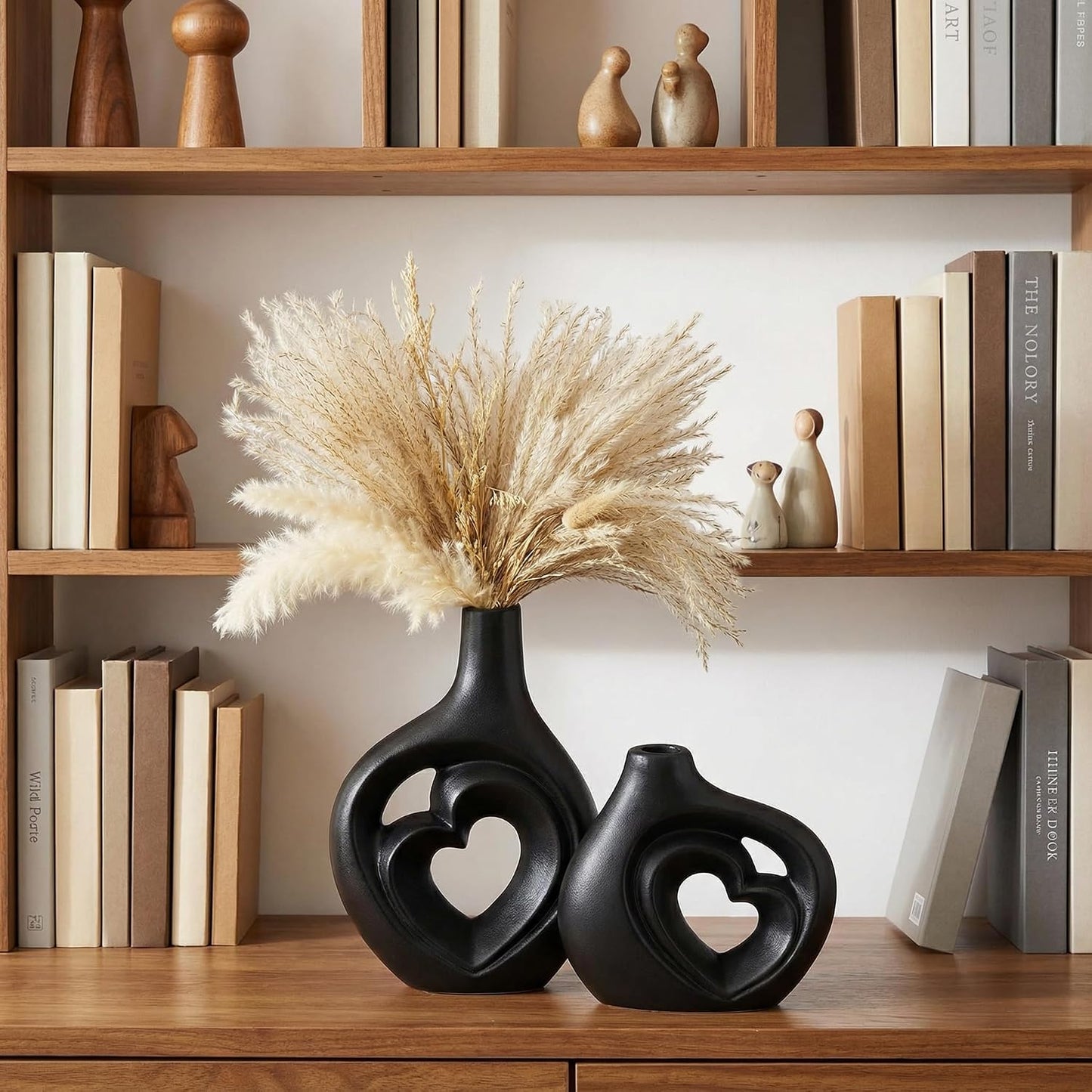 Matte Black Heart Shaped Hollow Ceramic Vase / Black-01 / Set of 2