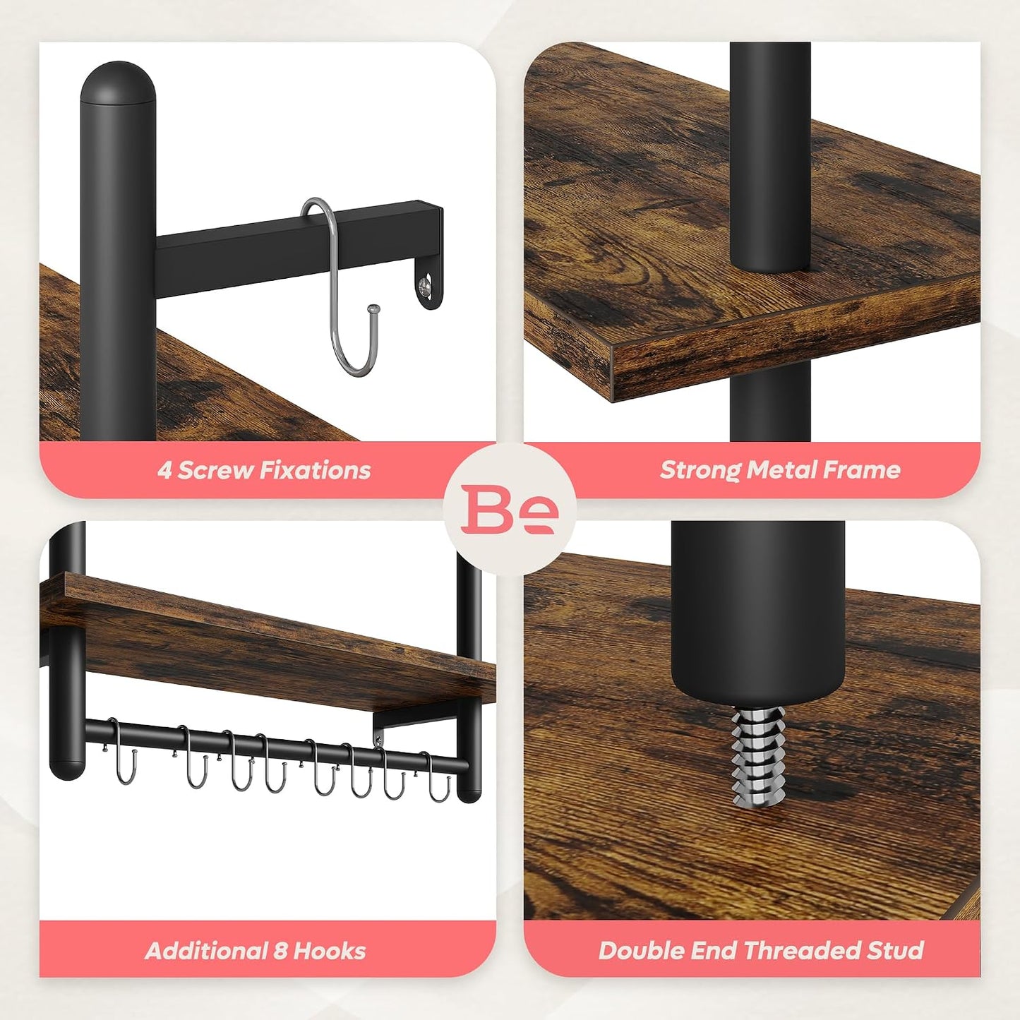 Bestier 24" Floating Kitchen Shelves Wall Mounted 2 Tier Coffee bar Shelves with 8 Hooks, Industrial Wall Shelf for