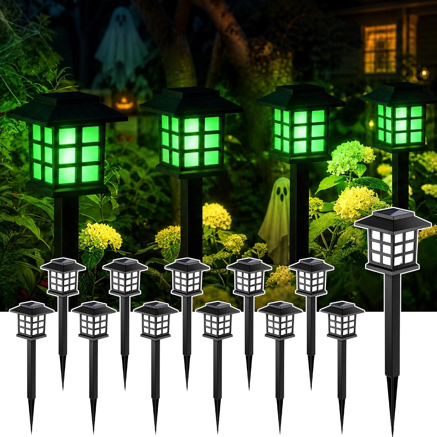 GIGALUMI Halloween Solar Lights Outdoor,12ps Green Halloween Decorations.