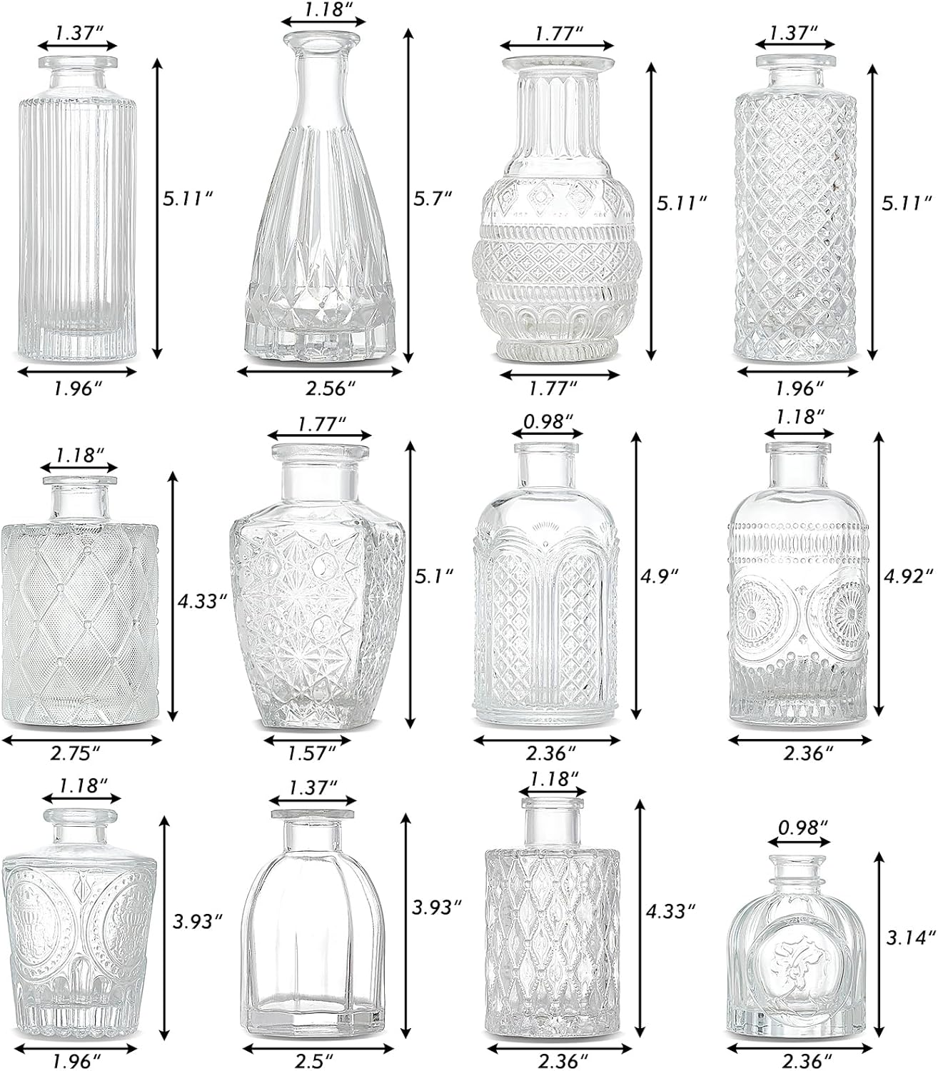 Glass Bud Vases / Clear / Set of 12