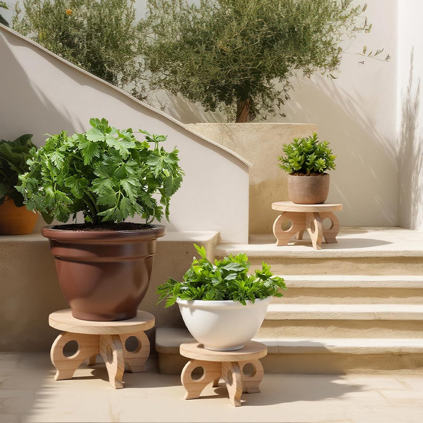 Plant Stand Indoor 8/9/11" Round Wood Plant Stands Outdoor Round / Light Wood / Low / Set of 3