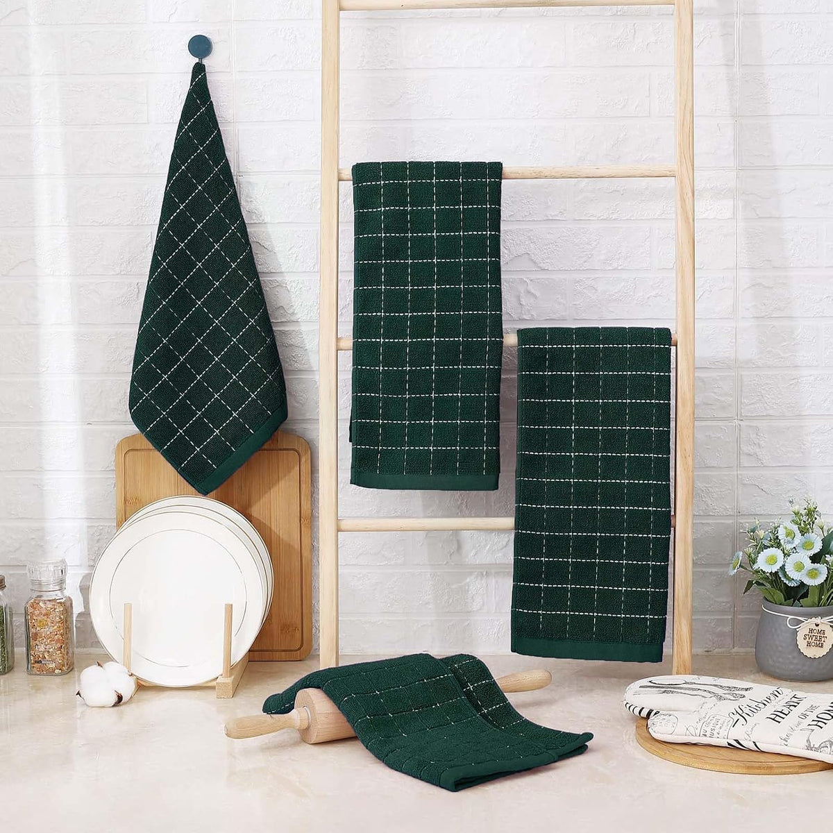 Homaxy Kitchen Towels and Dishcloths Set, Set of 10, Blackish Green | Bulk Cotton Terry Kitchen Towels, Checkered