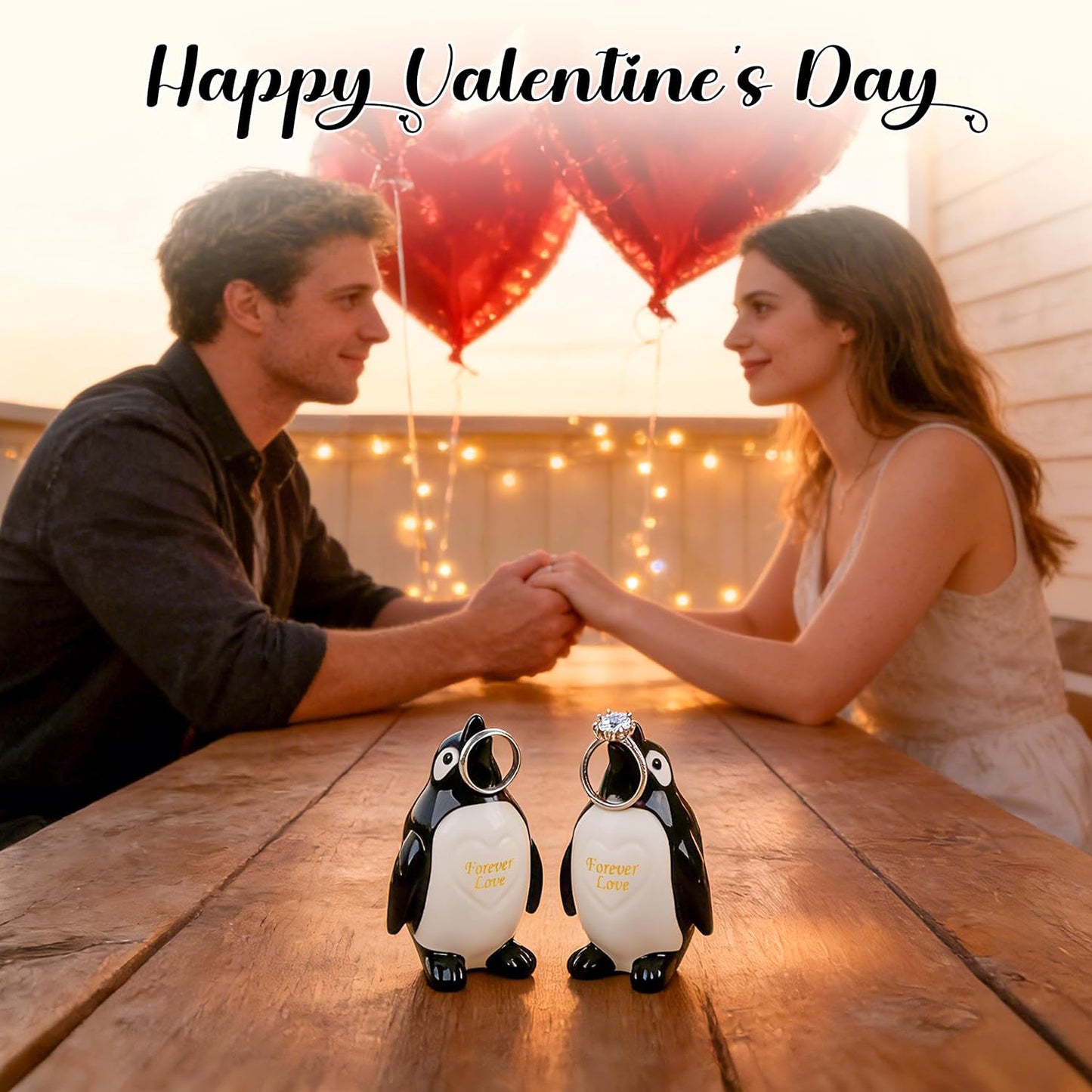 Ceramic Penguin Figurines Forever Love Anniversary Birthday / Set of 2