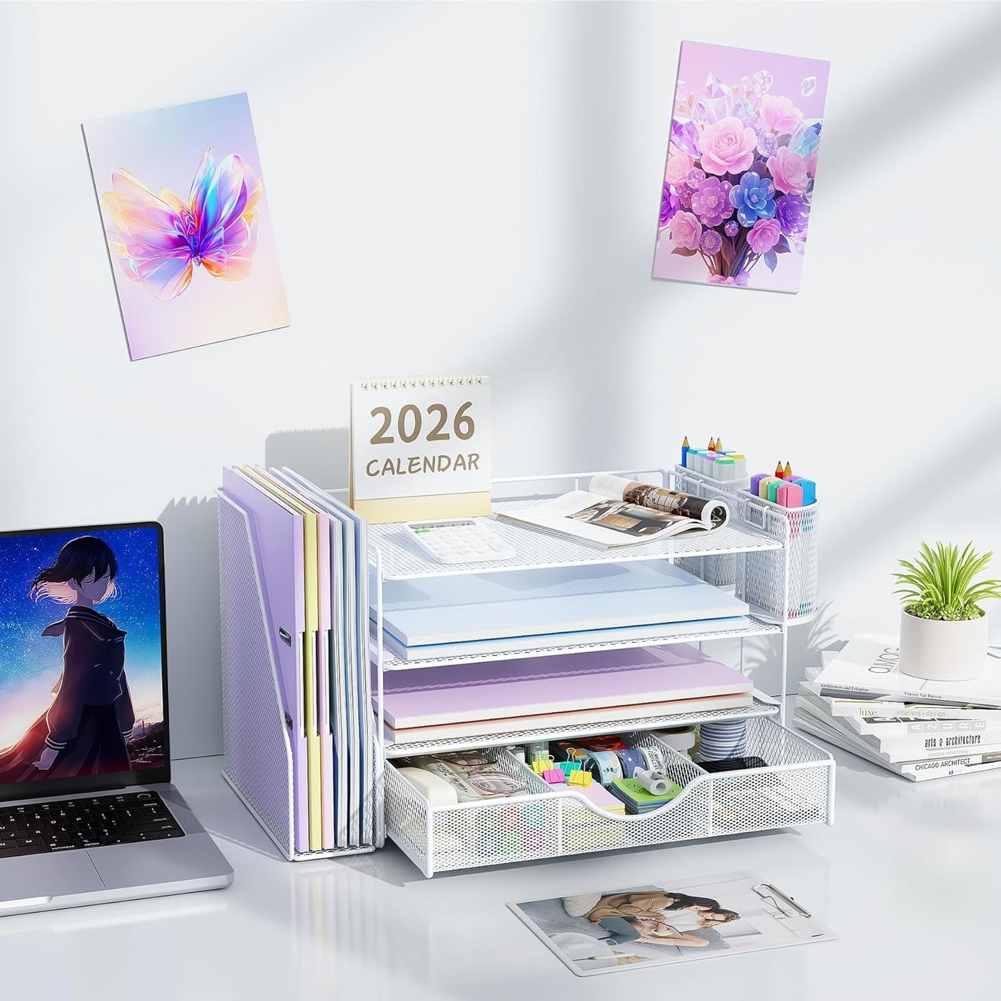 gianotter Desk Organizers and Accessories with File Holder, 4-Tier Desk Accessories & Workspace Organizers with Drawer
