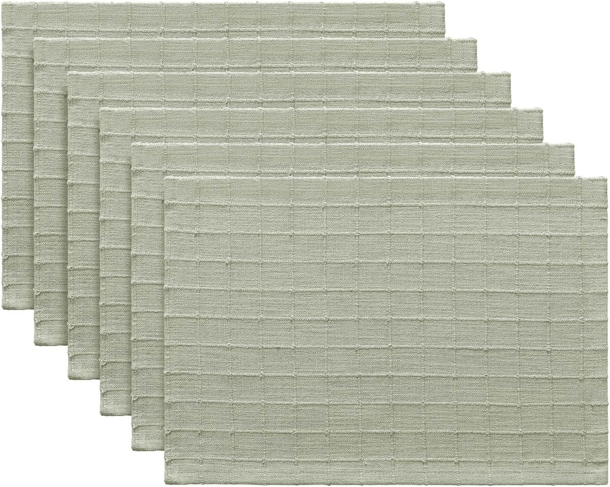 Artisanal Grid Decorative Linen Placemats Set of 6, Seeding Green | Thick Heavy Textured Washed Linen Place Mats