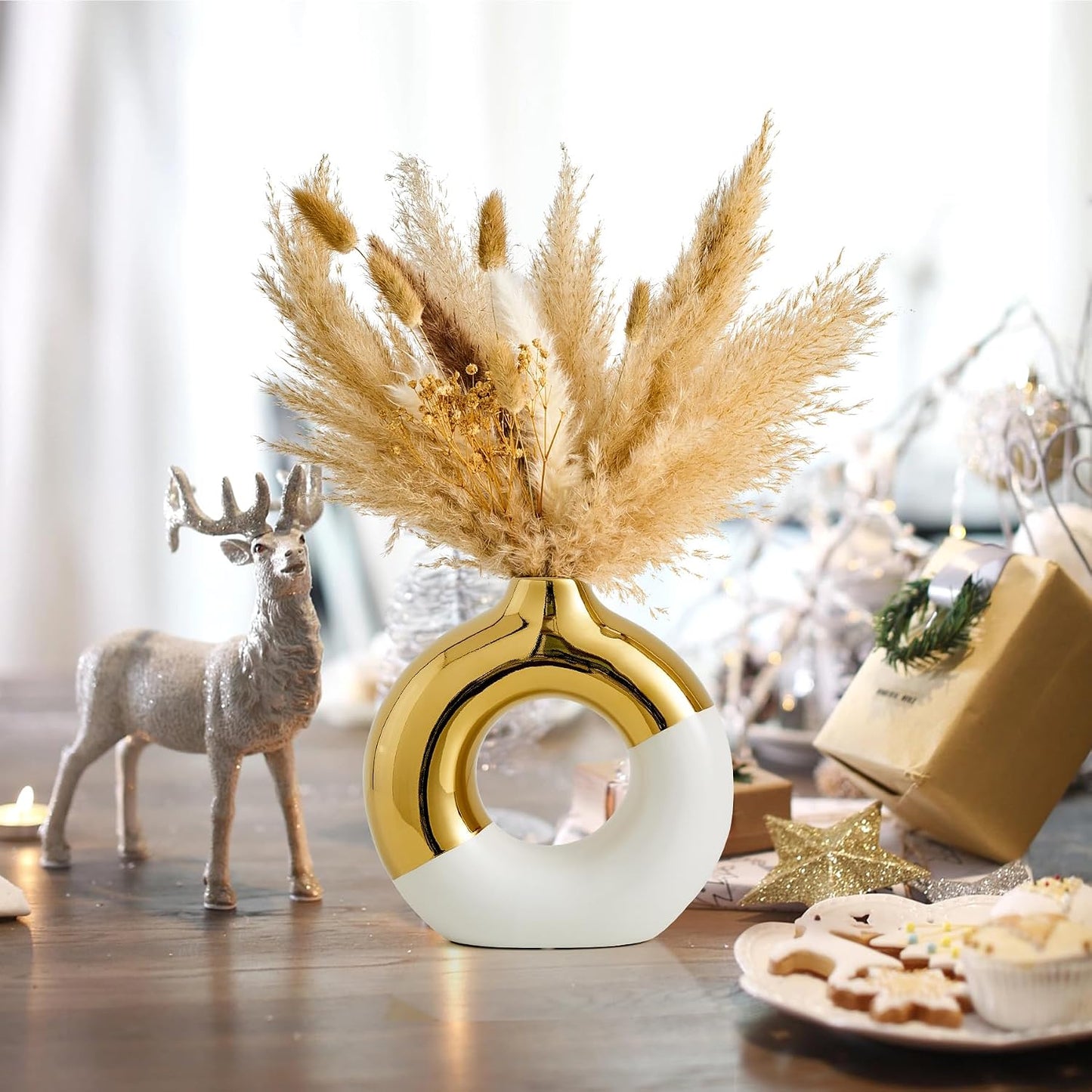 Ceramic Donut Vase / White & Gold / Large