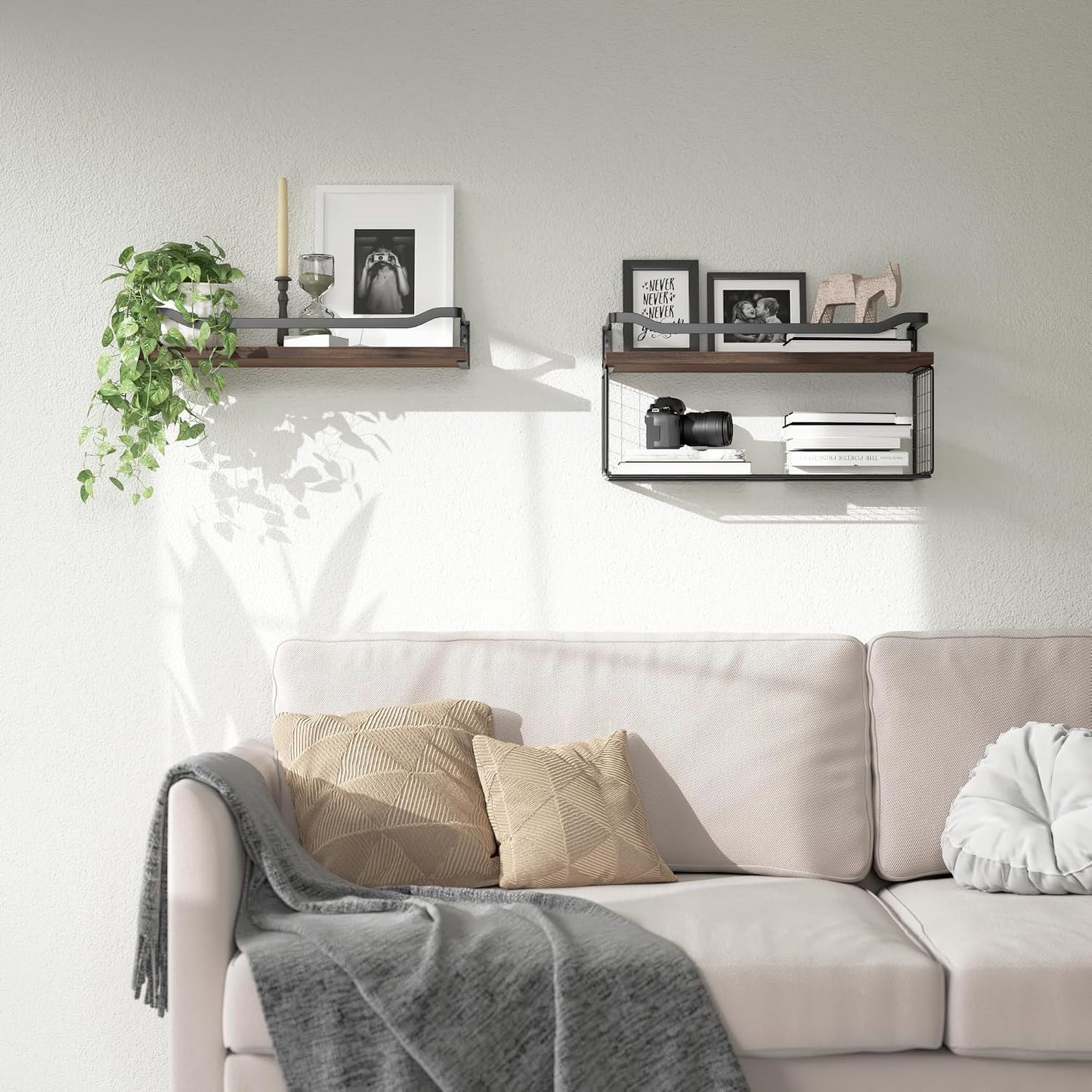 Floating Shelves with Wire Storage Basket, Bathroom Shelves Over Toilet with Protective Metal Guardrail, Wood Wall