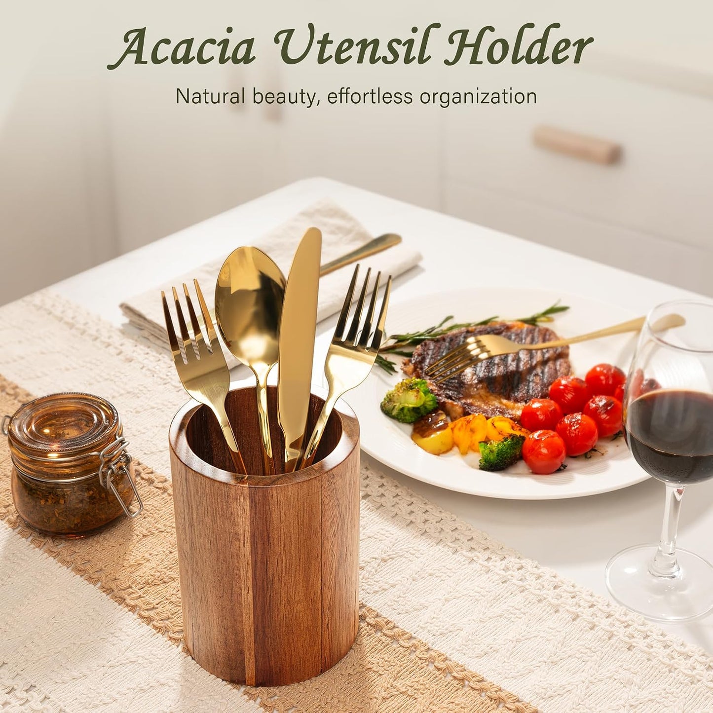 Utensil Holder 3 Pack, 360° Rotating Acacia Wood Cooking Utensil Crocks for Kitchen Counter, Farmhouse & Modern Decor