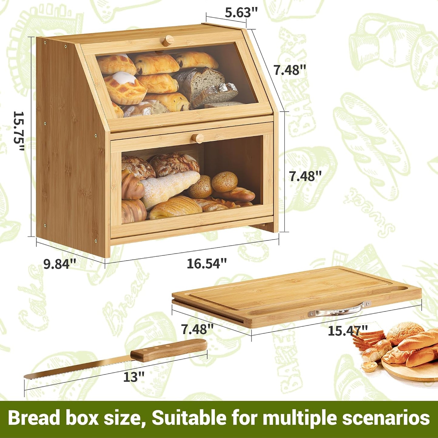 BMOSU Bread Box with Cutting Board Kitchen Bread Storage Organizer Farmhouse Countertop Double Bamboo Wood Bread