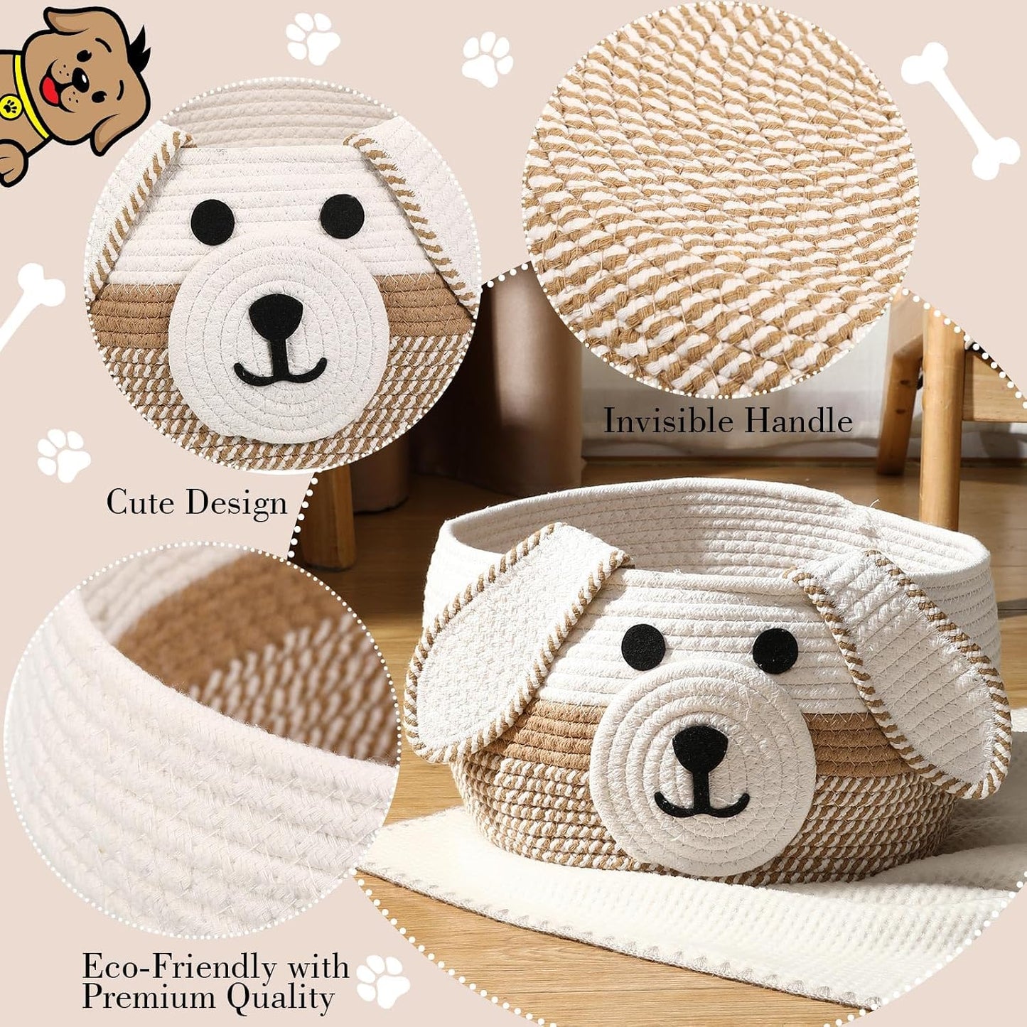 Dog Woven Basket Woven Cotton Rope Puppy Animal Storage Basket for Laundry / Khaki, White / 13 x 8